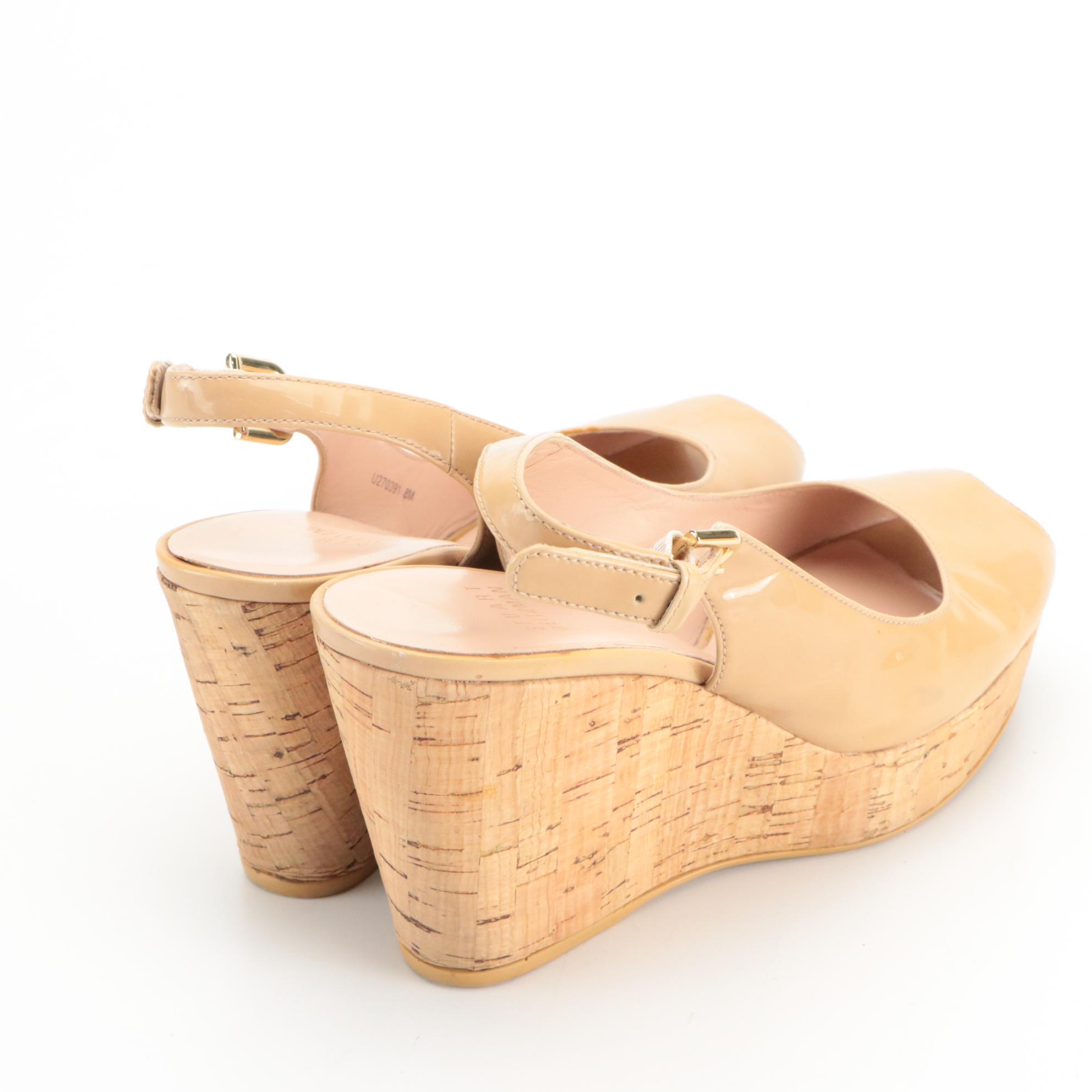 Stuart Weitzman Cutout Mules in Beige Patent Leather with Cork Wedge Slingbacks