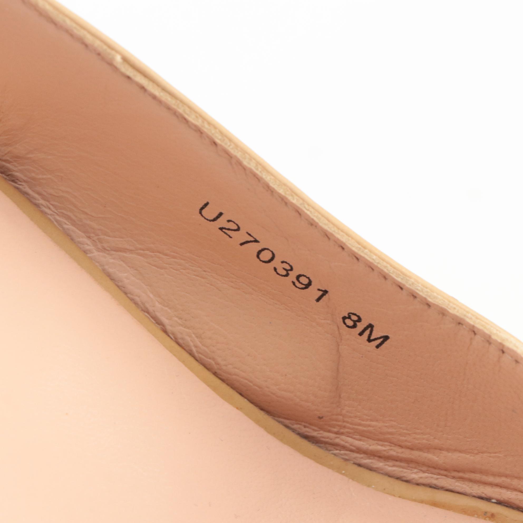 Stuart Weitzman Cutout Mules in Beige Patent Leather with Cork Wedge Slingbacks