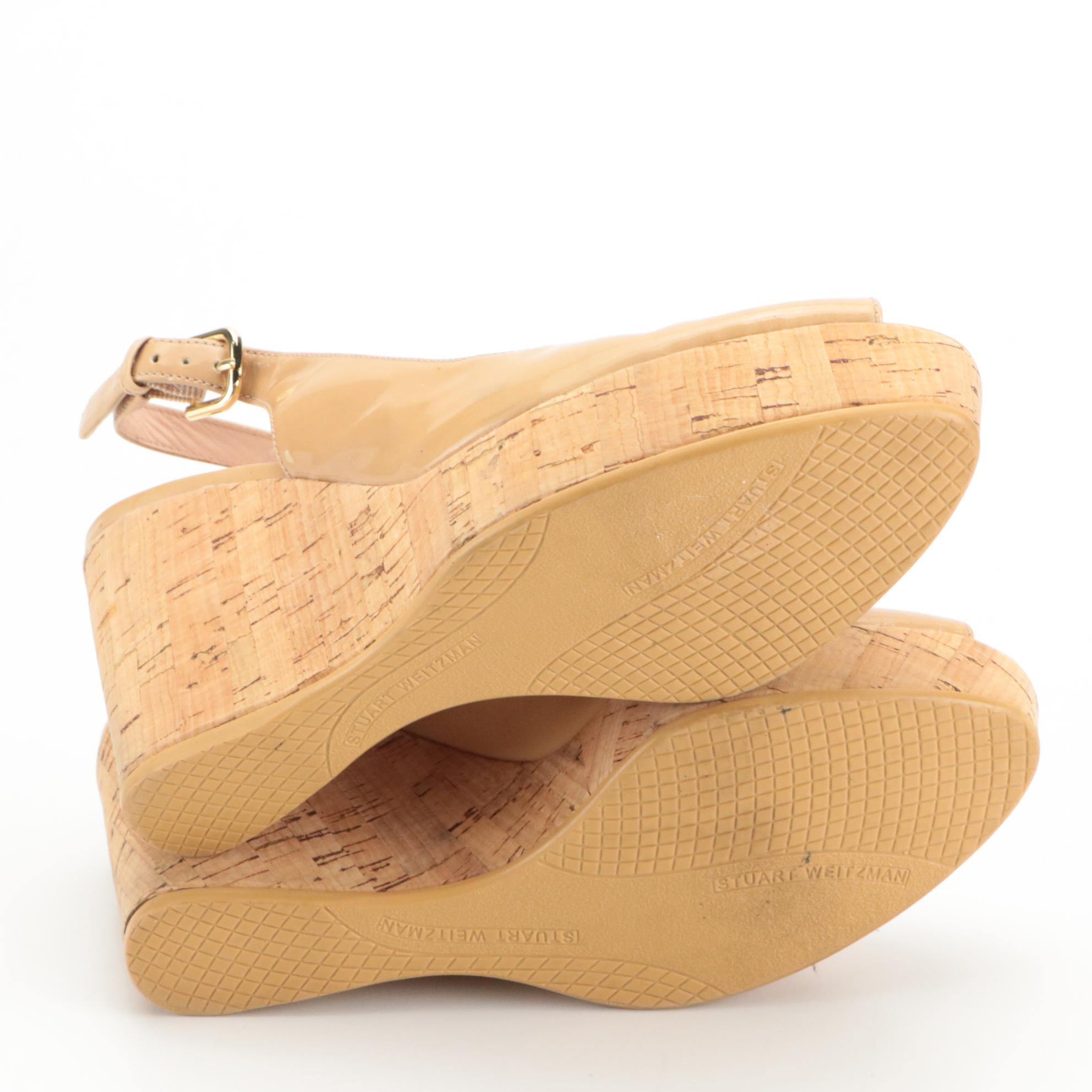 Stuart Weitzman Cutout Mules in Beige Patent Leather with Cork Wedge Slingbacks