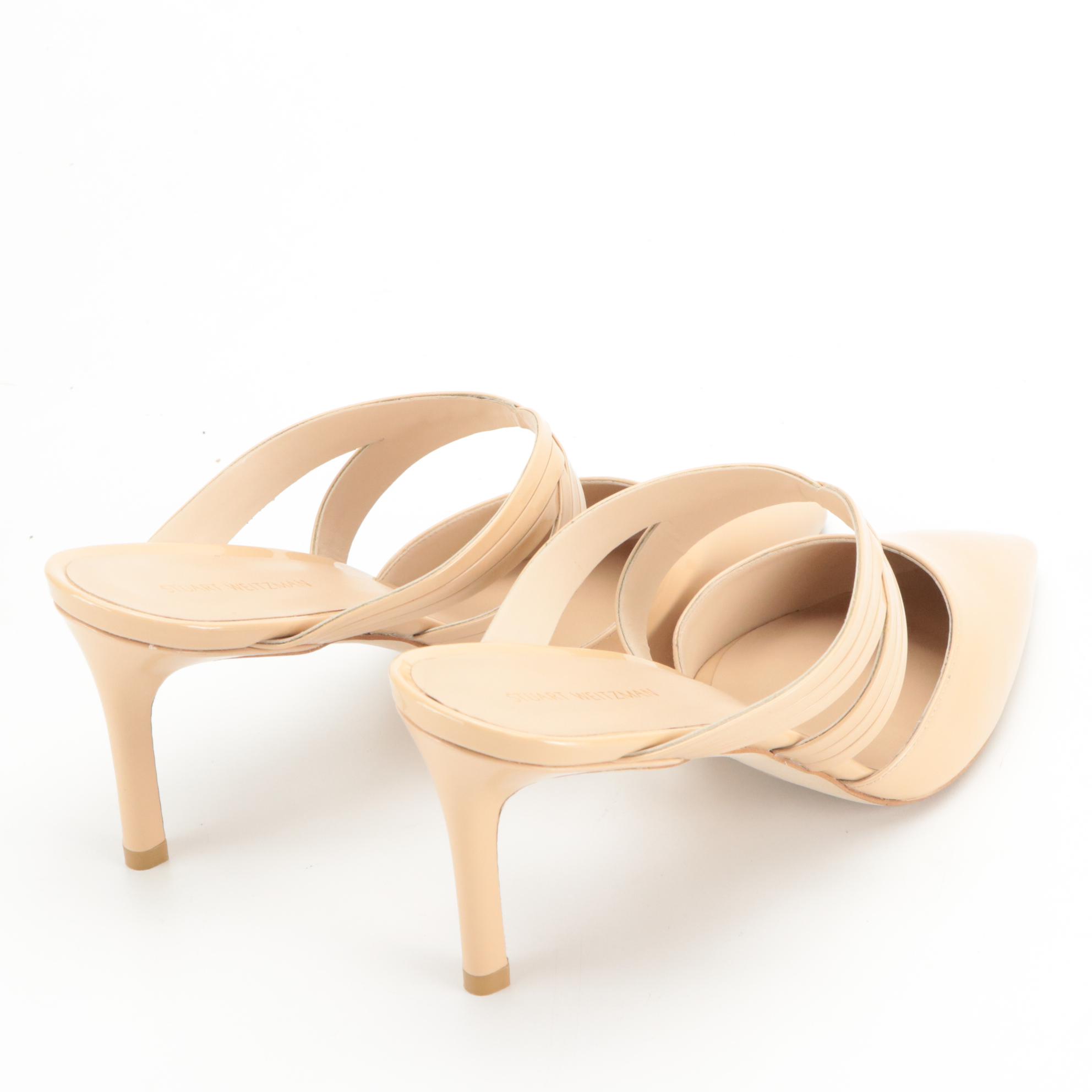 Stuart Weitzman Cutout Mules in Beige Patent Leather with Cork Wedge Slingbacks