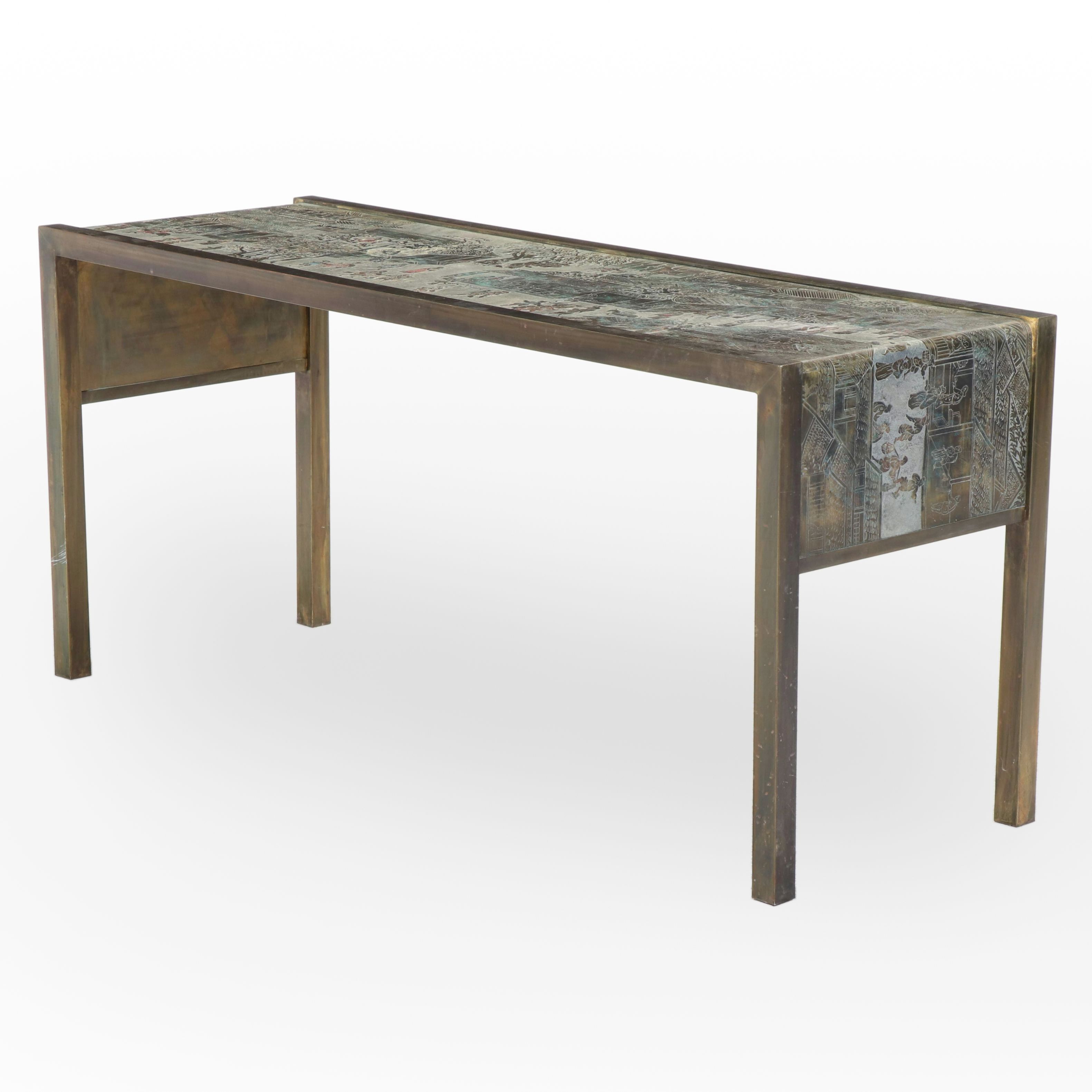 Philip & Kelvin LaVerne "Spring Festival" Etched Bronze and Pewter Console Table