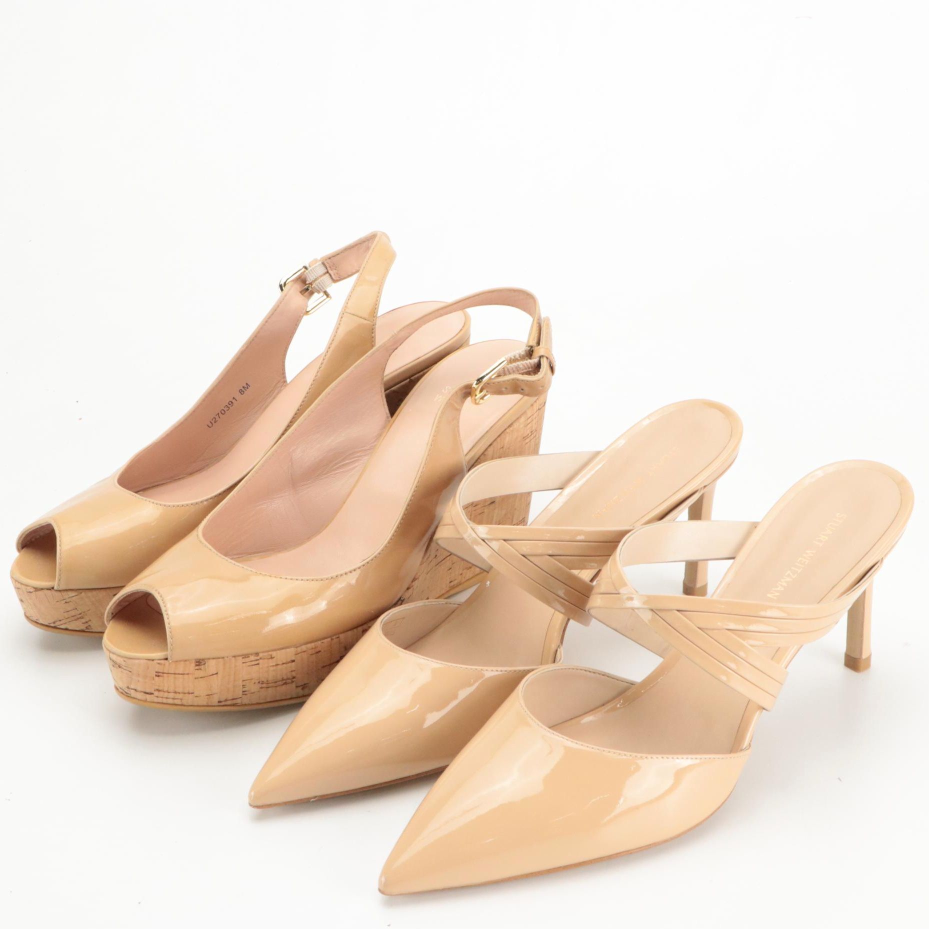 Stuart Weitzman Cutout Mules in Beige Patent Leather with Cork Wedge Slingbacks
