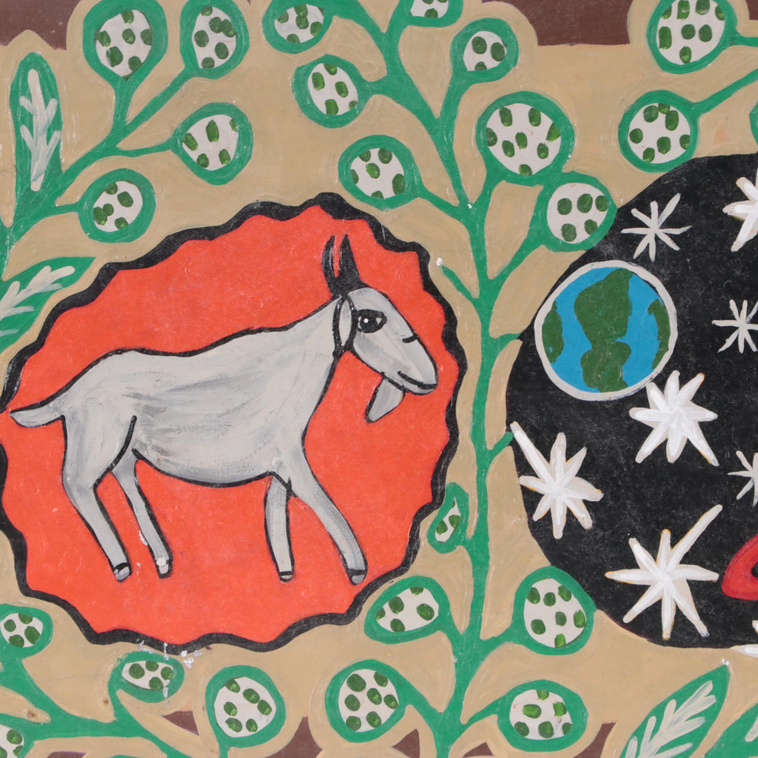 Katherine Michael Folk Art Acrylic Painting "Goat, Space, Mermaid," 2012