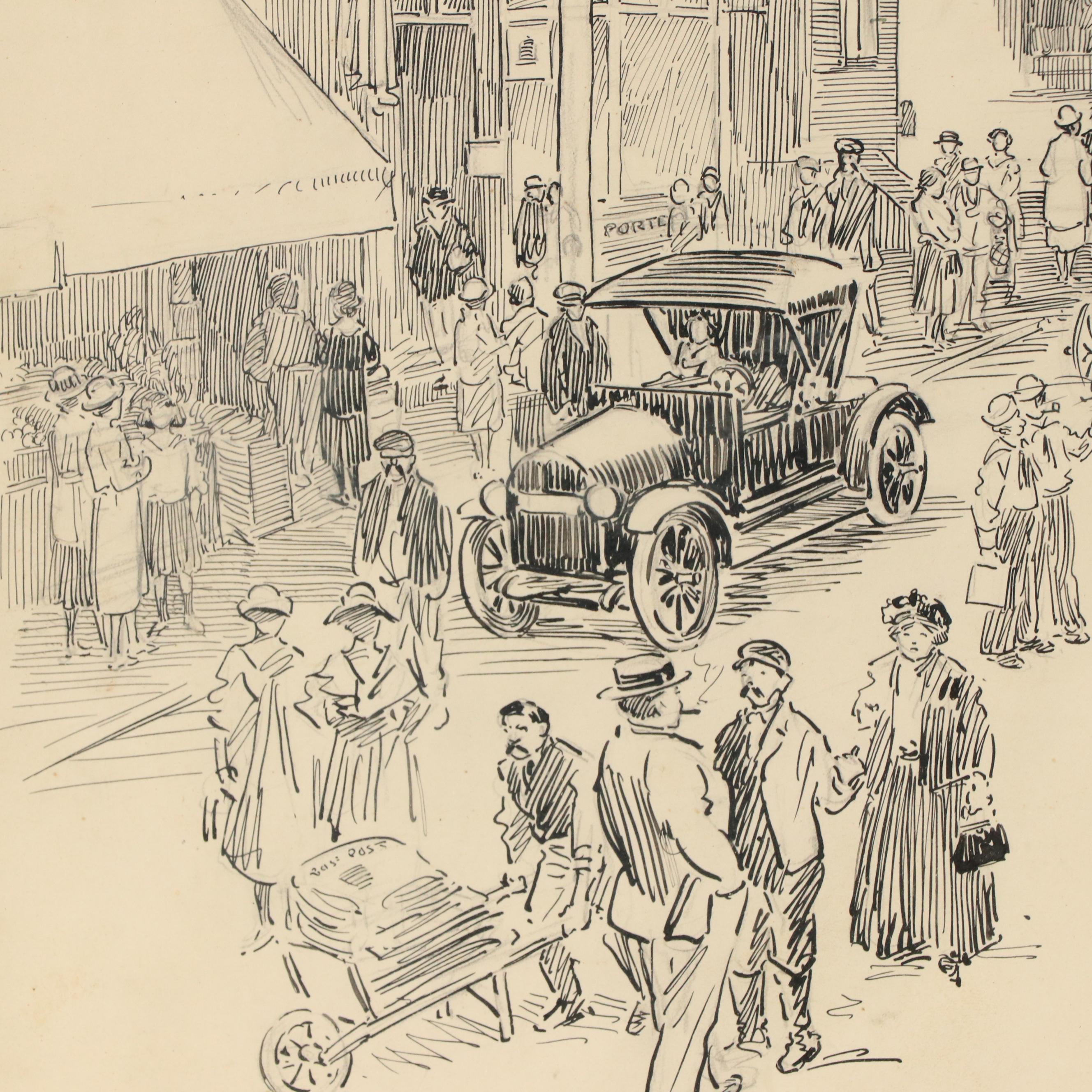 Ink Drawing of Boothbay Harbor City Street Scene, 1921