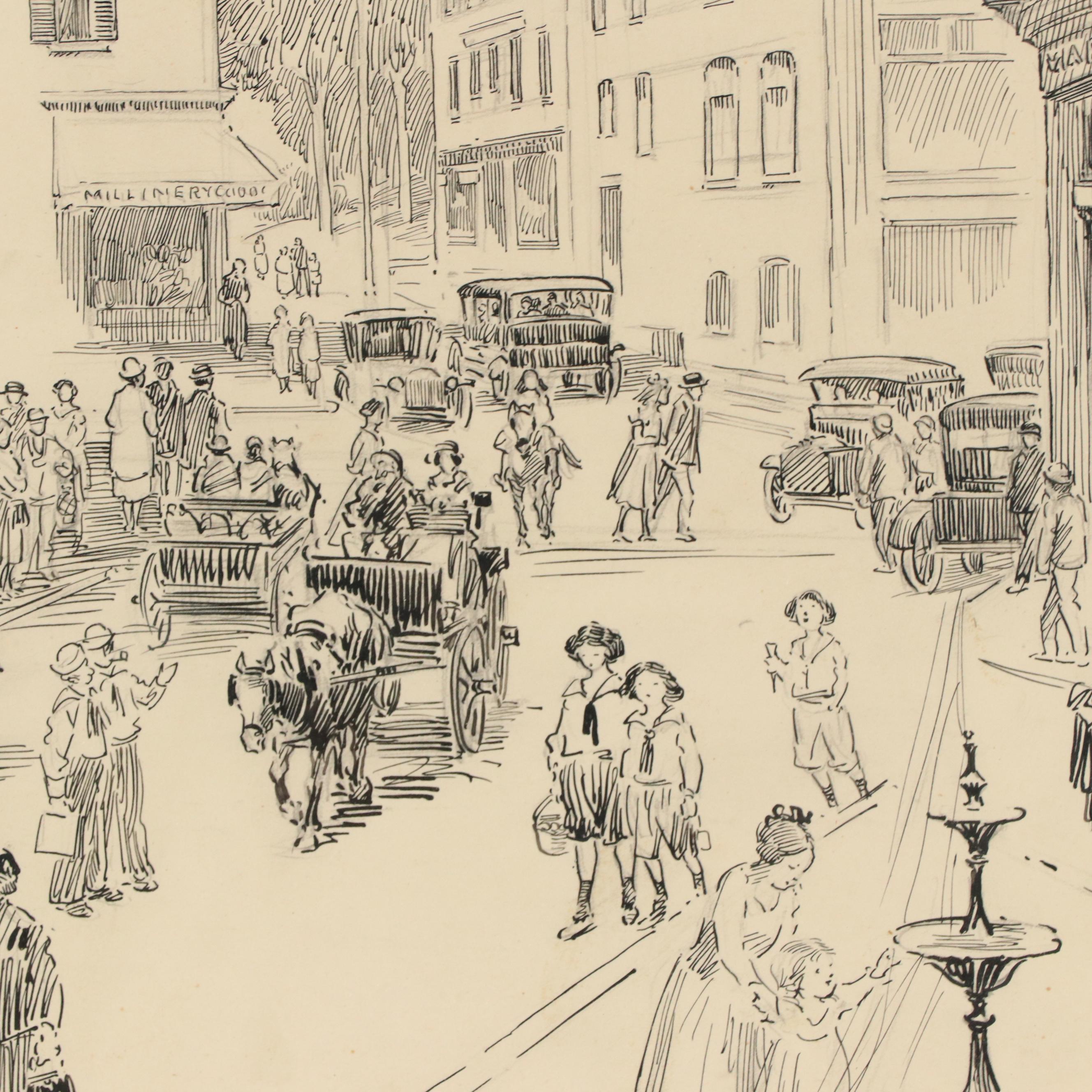 Ink Drawing of Boothbay Harbor City Street Scene, 1921