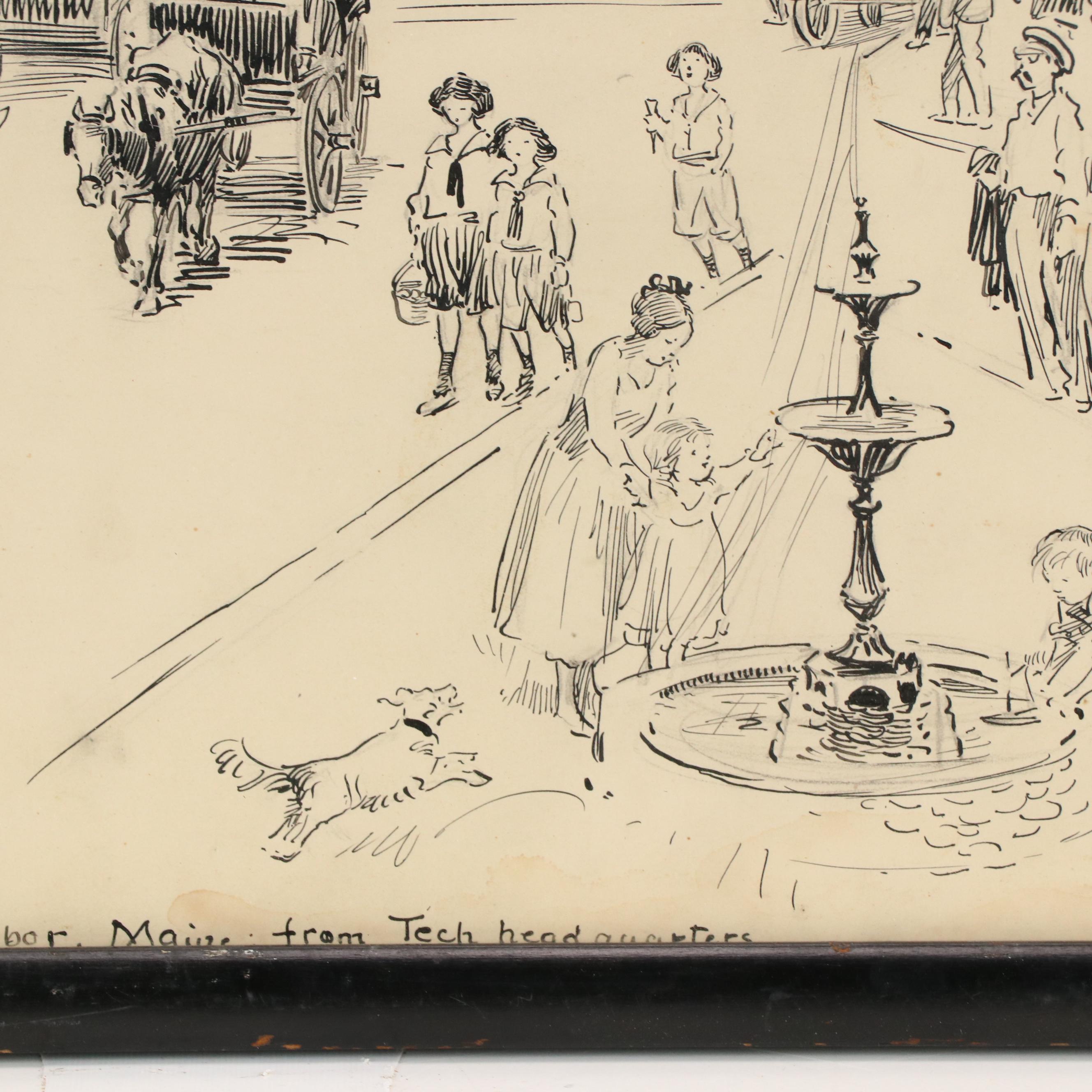 Ink Drawing of Boothbay Harbor City Street Scene, 1921