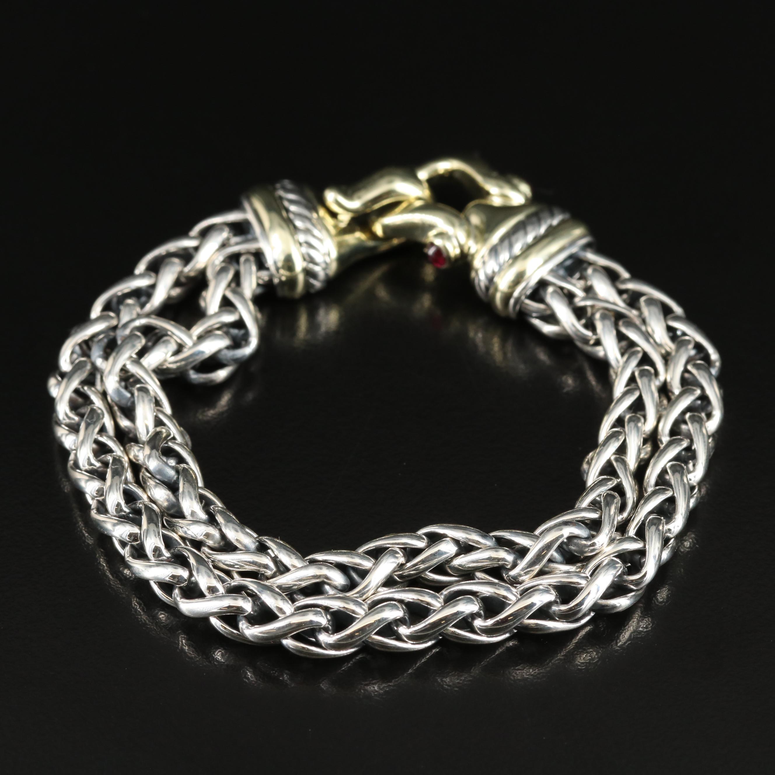 David Yurman Sterling Garnet Double Wheat Chain Buckle Bracelet with 14K Accents