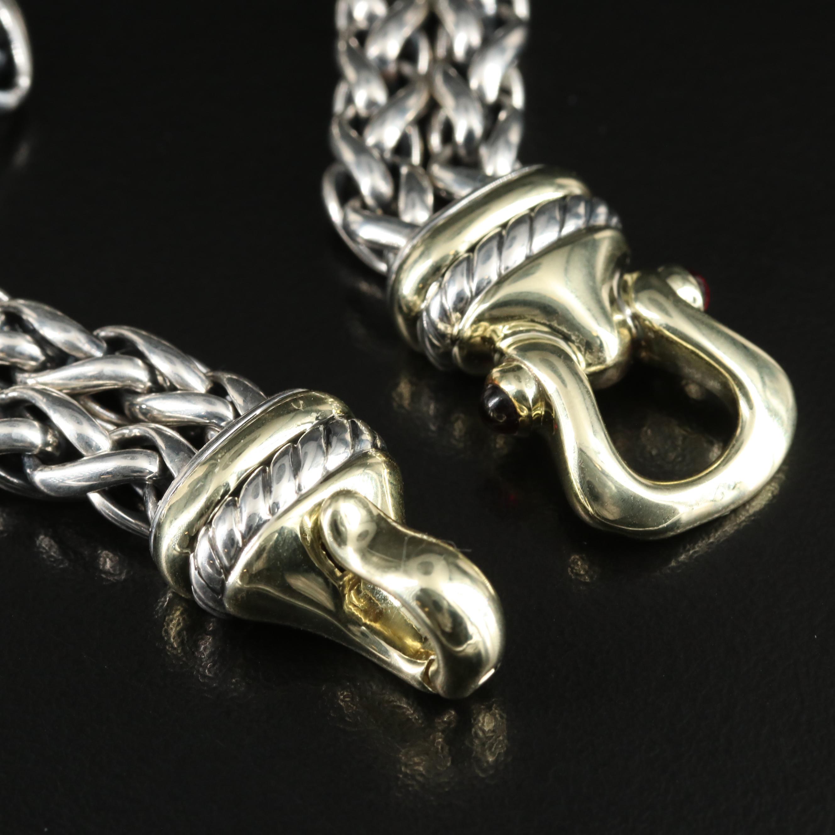 David Yurman Sterling Garnet Double Wheat Chain Buckle Bracelet with 14K Accents