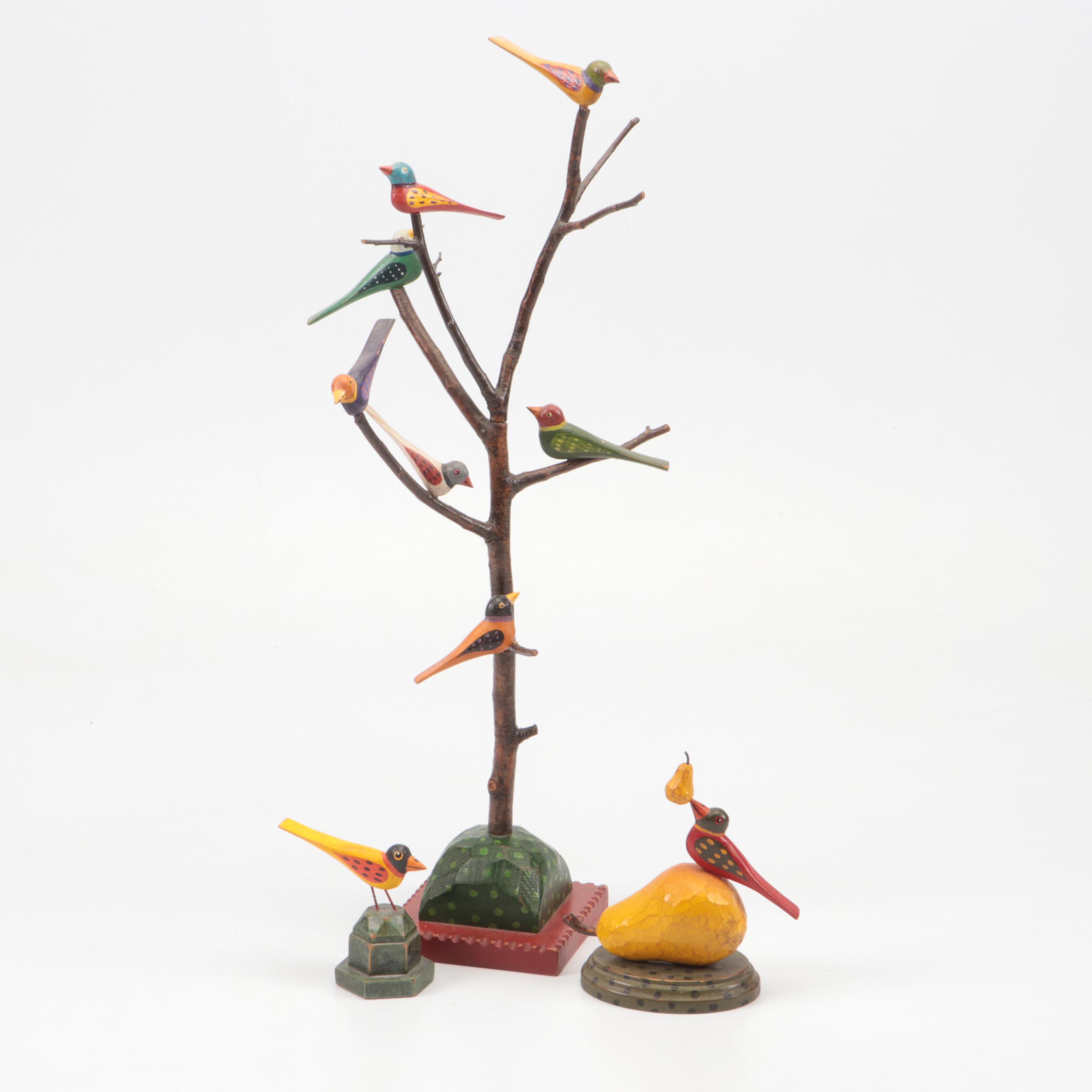 Tom Kelly Folk Art Style Carved Wood Bird Sculptures, 1986