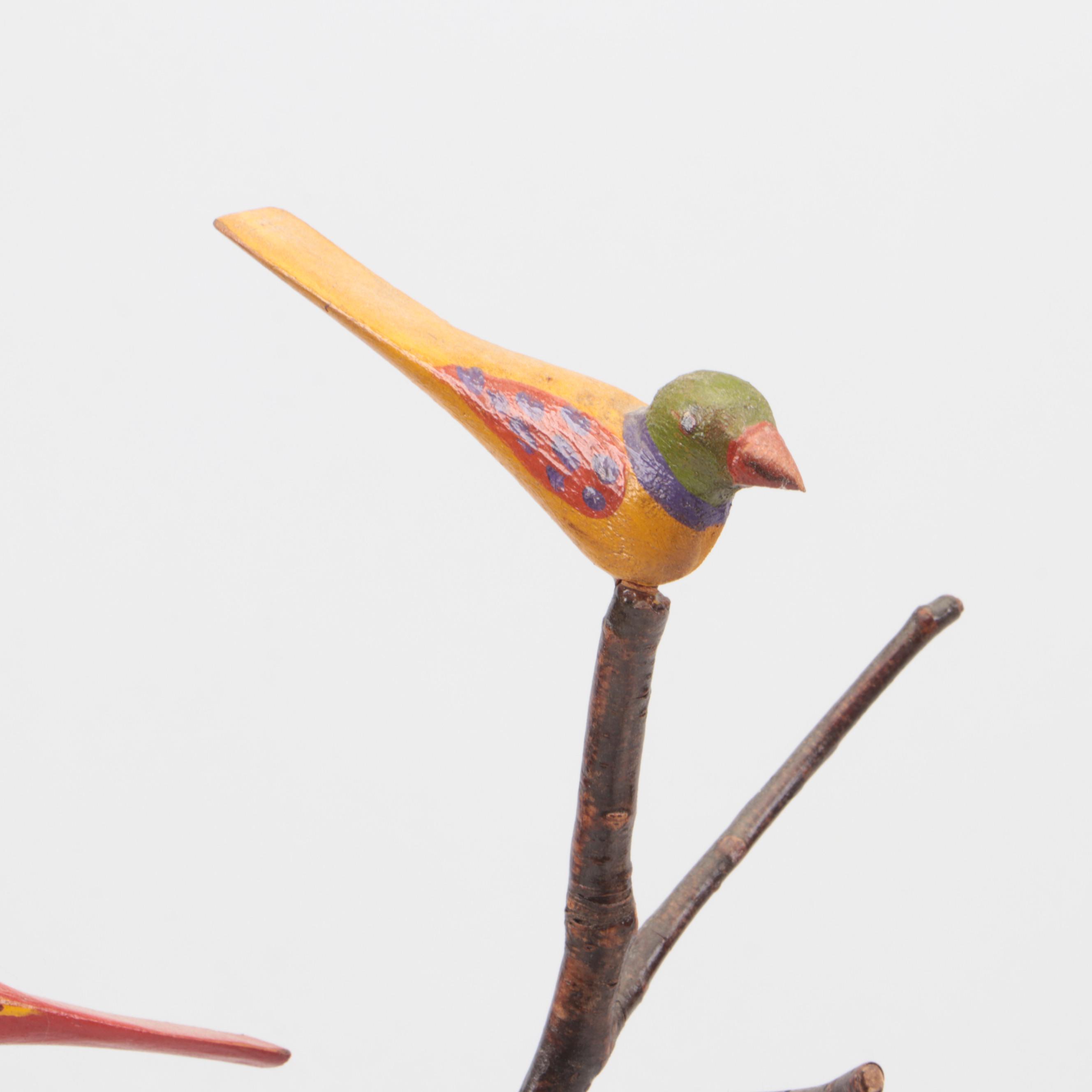 Tom Kelly Folk Art Style Carved Wood Bird Sculptures, 1986