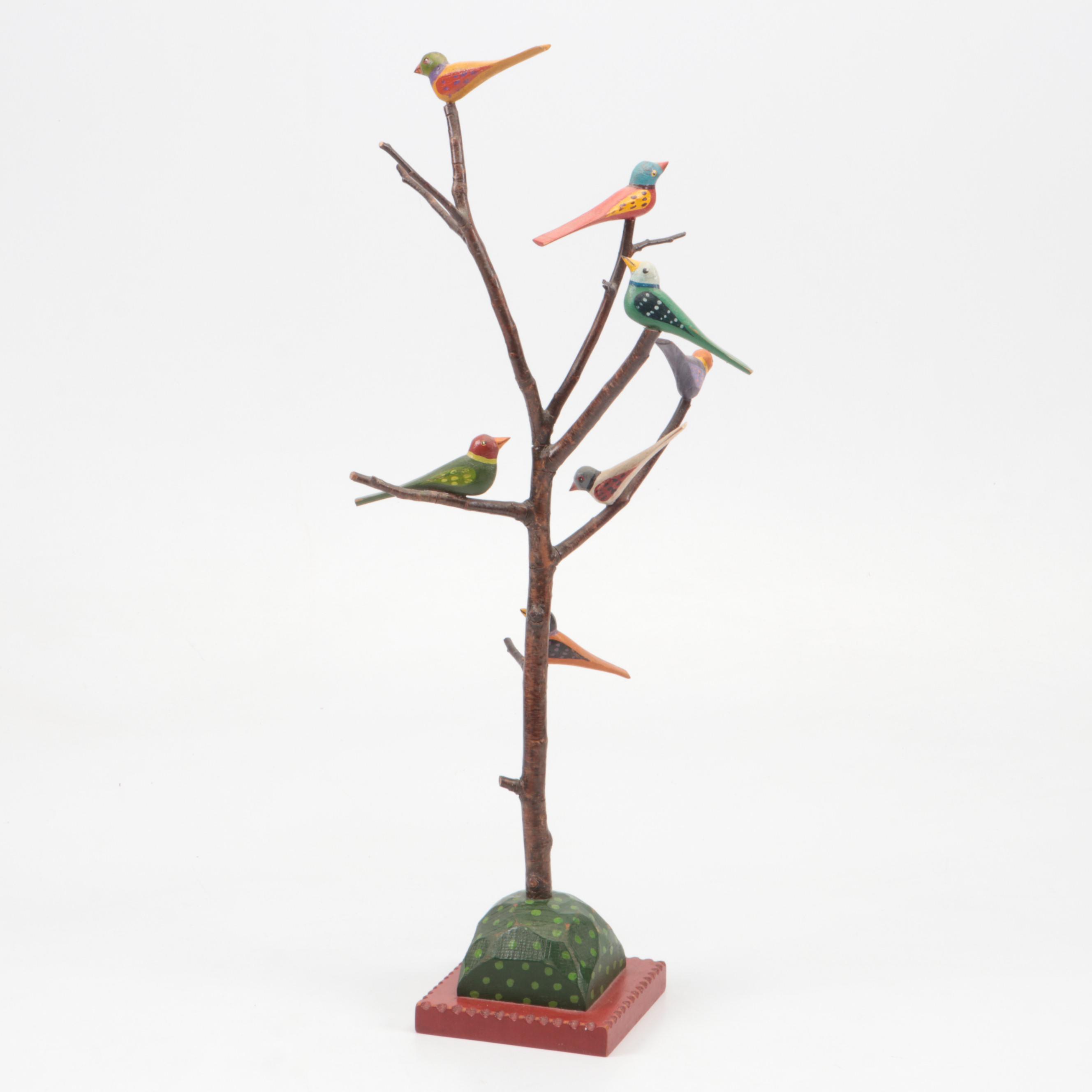 Tom Kelly Folk Art Style Carved Wood Bird Sculptures, 1986