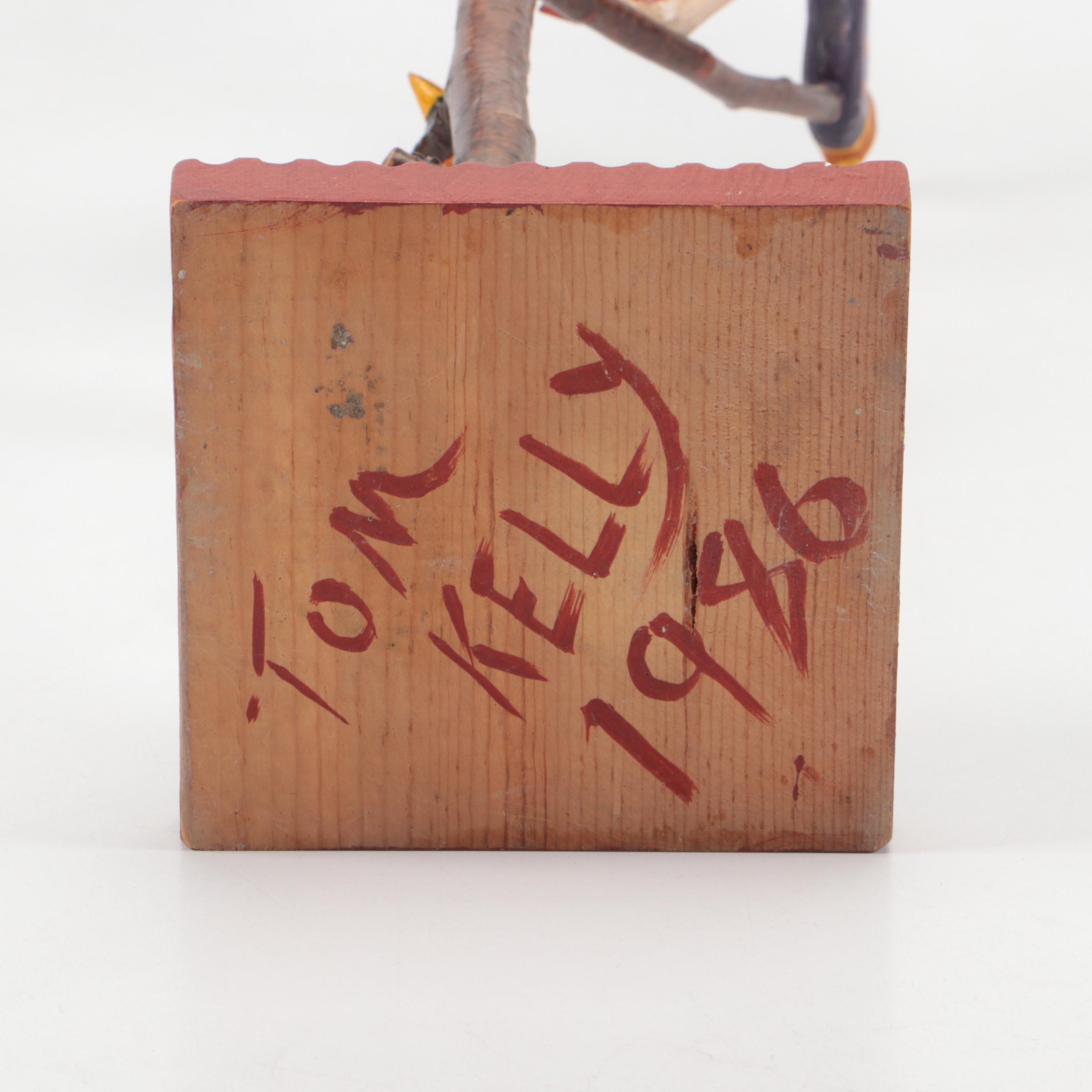 Tom Kelly Folk Art Style Carved Wood Bird Sculptures, 1986