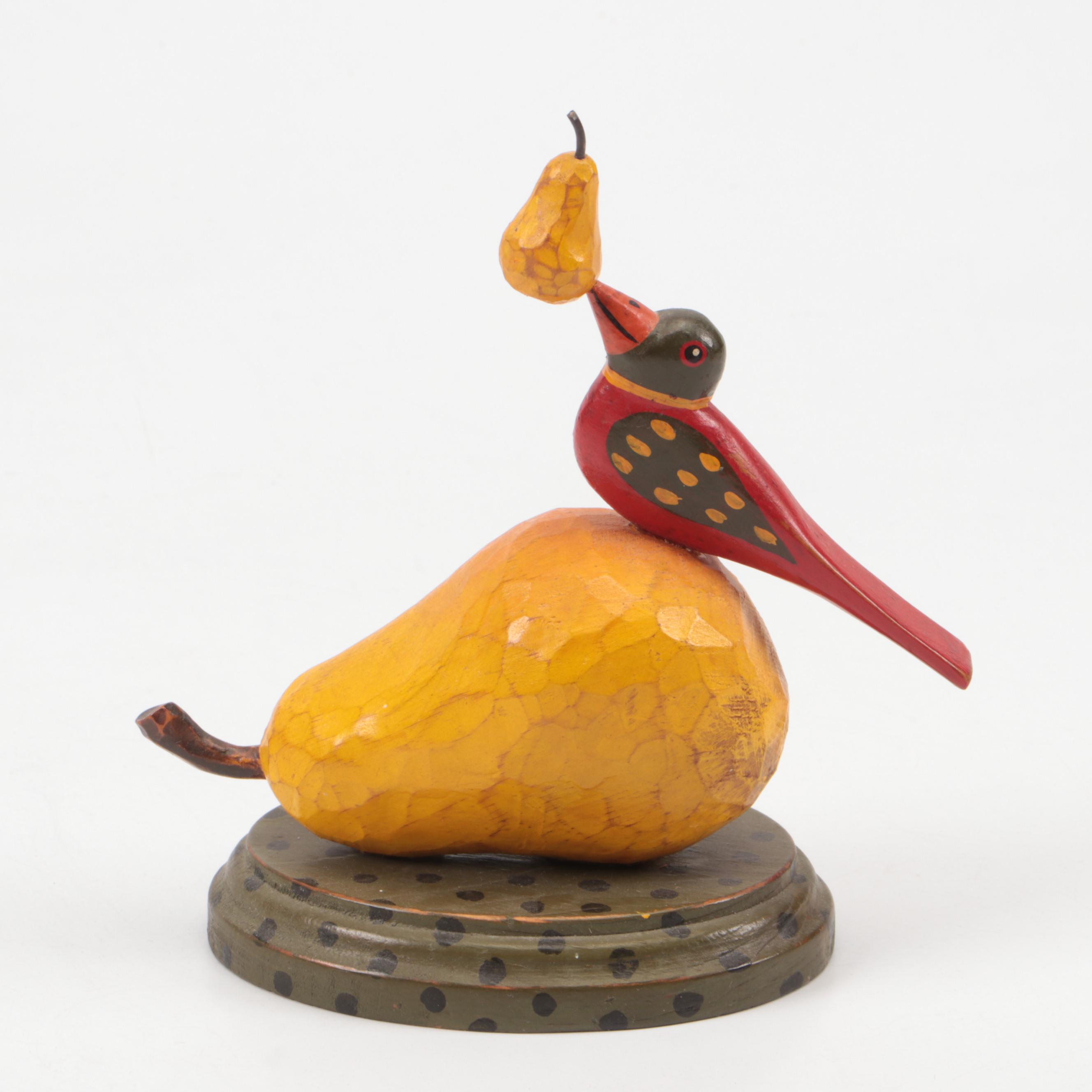 Tom Kelly Folk Art Style Carved Wood Bird Sculptures, 1986