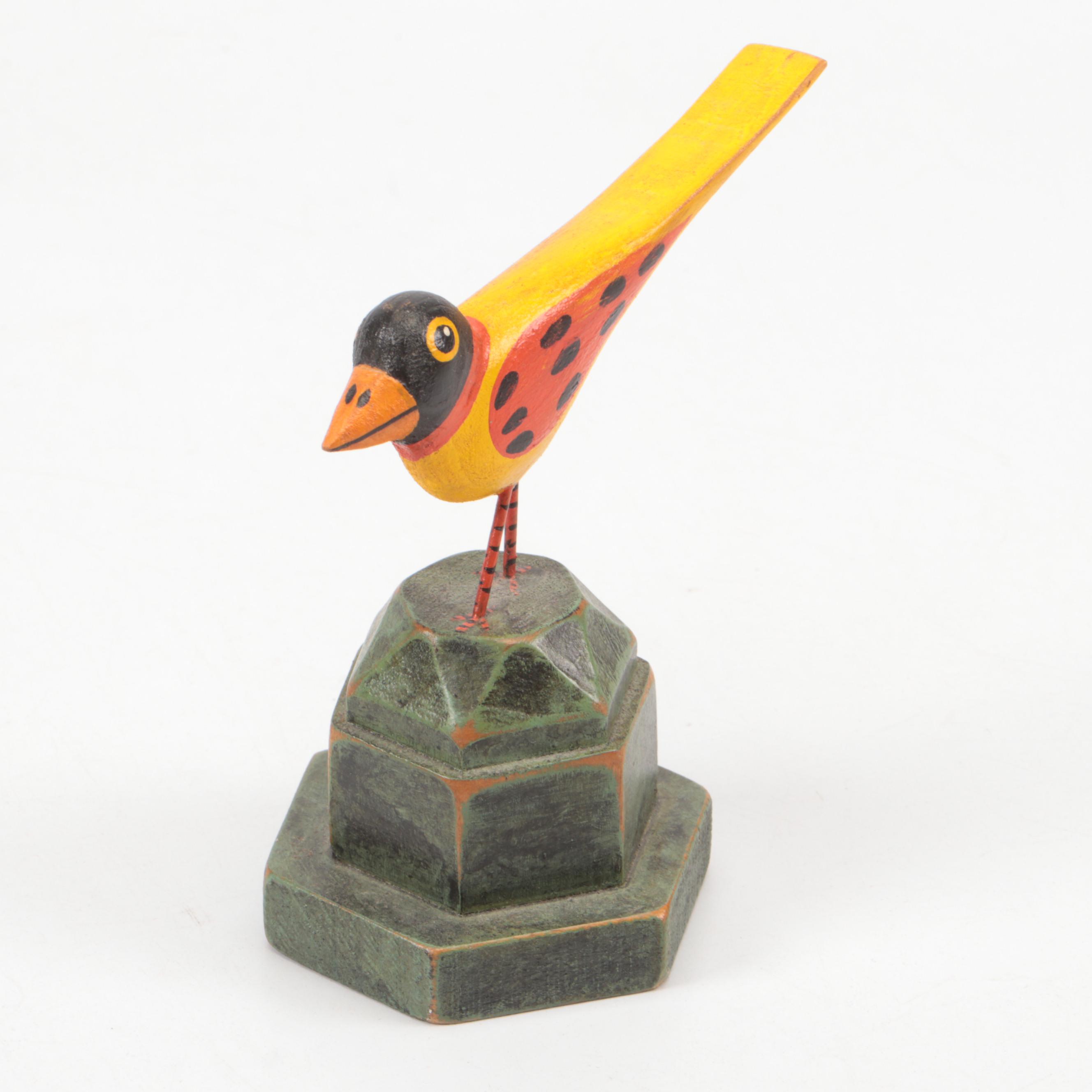 Tom Kelly Folk Art Style Carved Wood Bird Sculptures, 1986