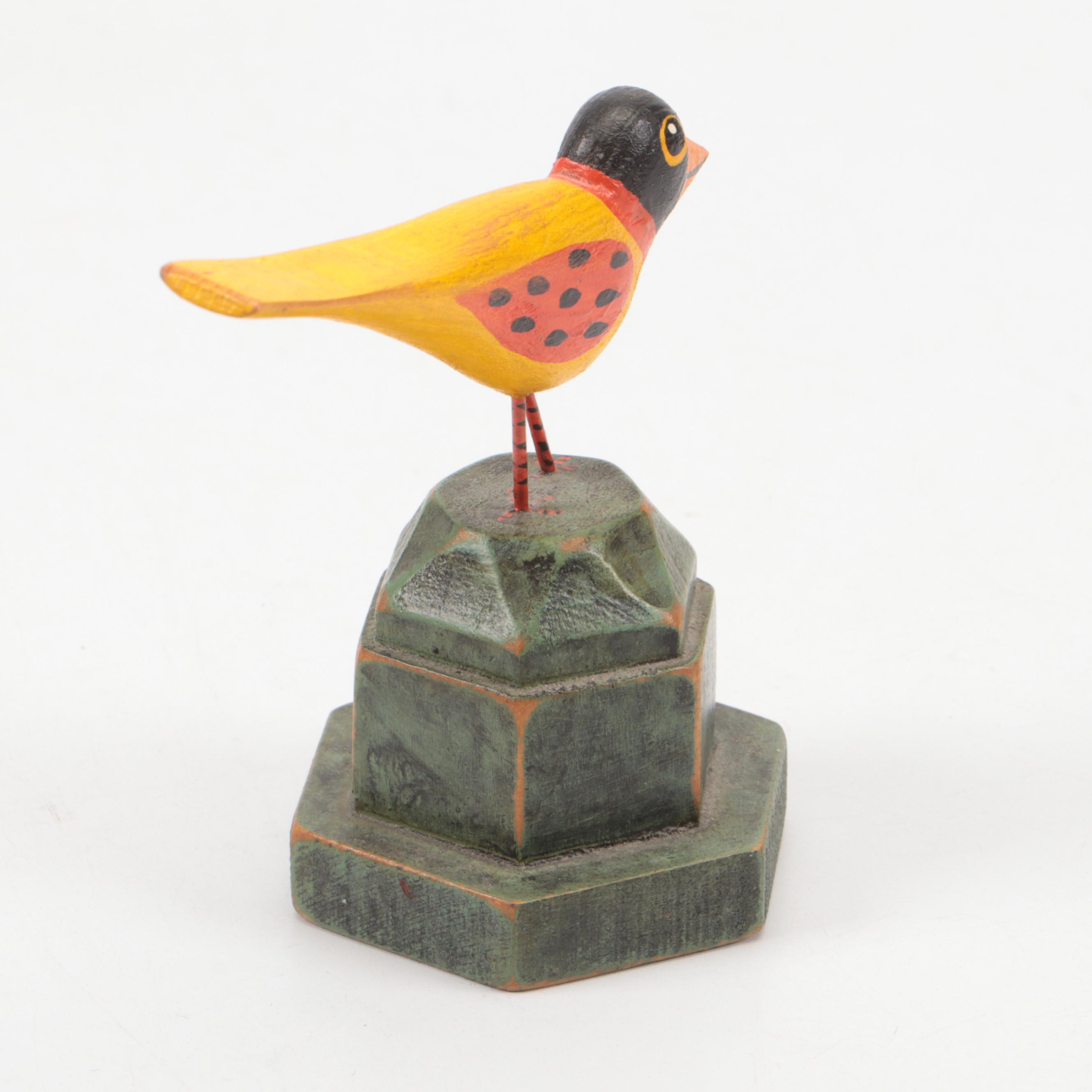 Tom Kelly Folk Art Style Carved Wood Bird Sculptures, 1986