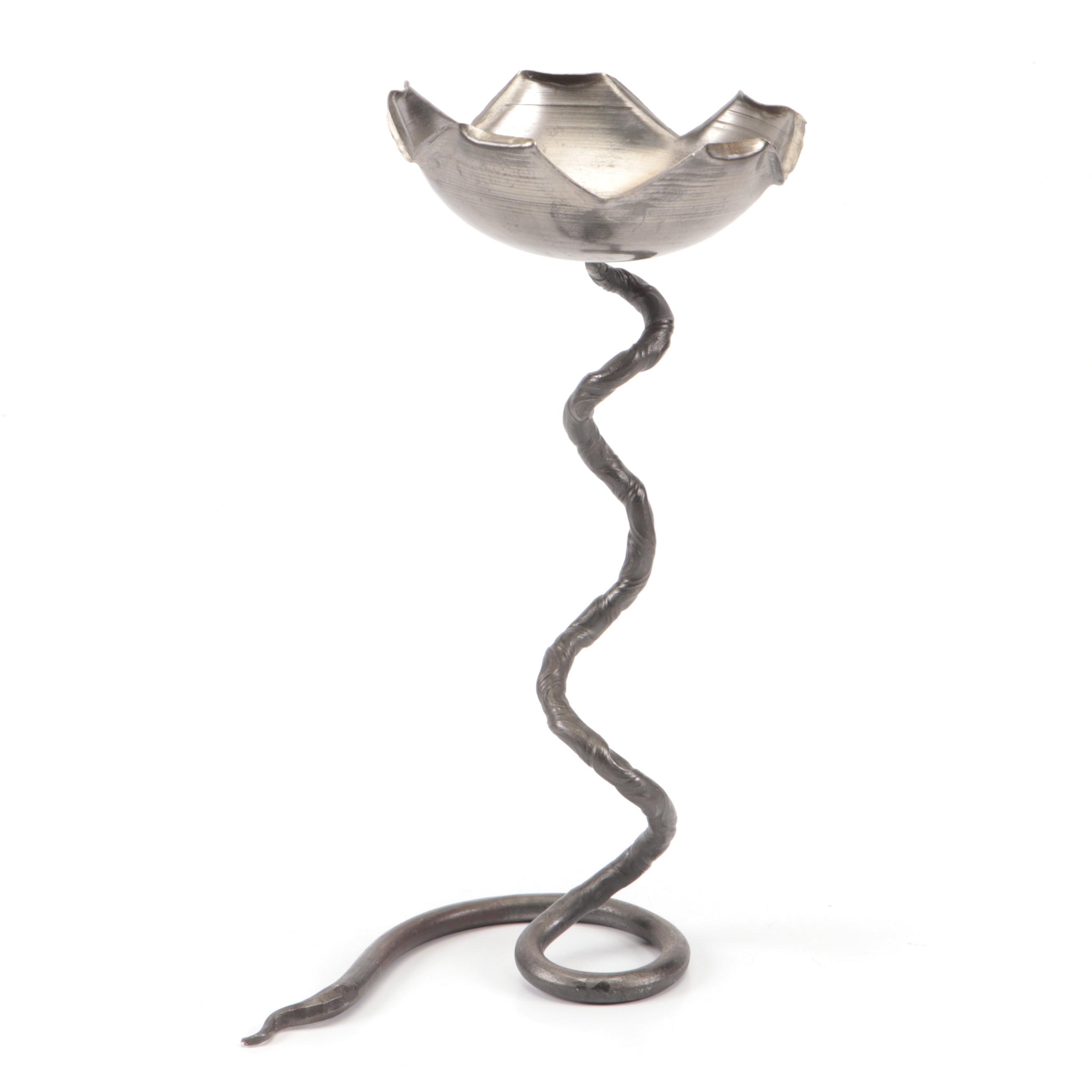 Hand-Crafted Iron Floral Candlestick with Other Steel and Wood Figurine