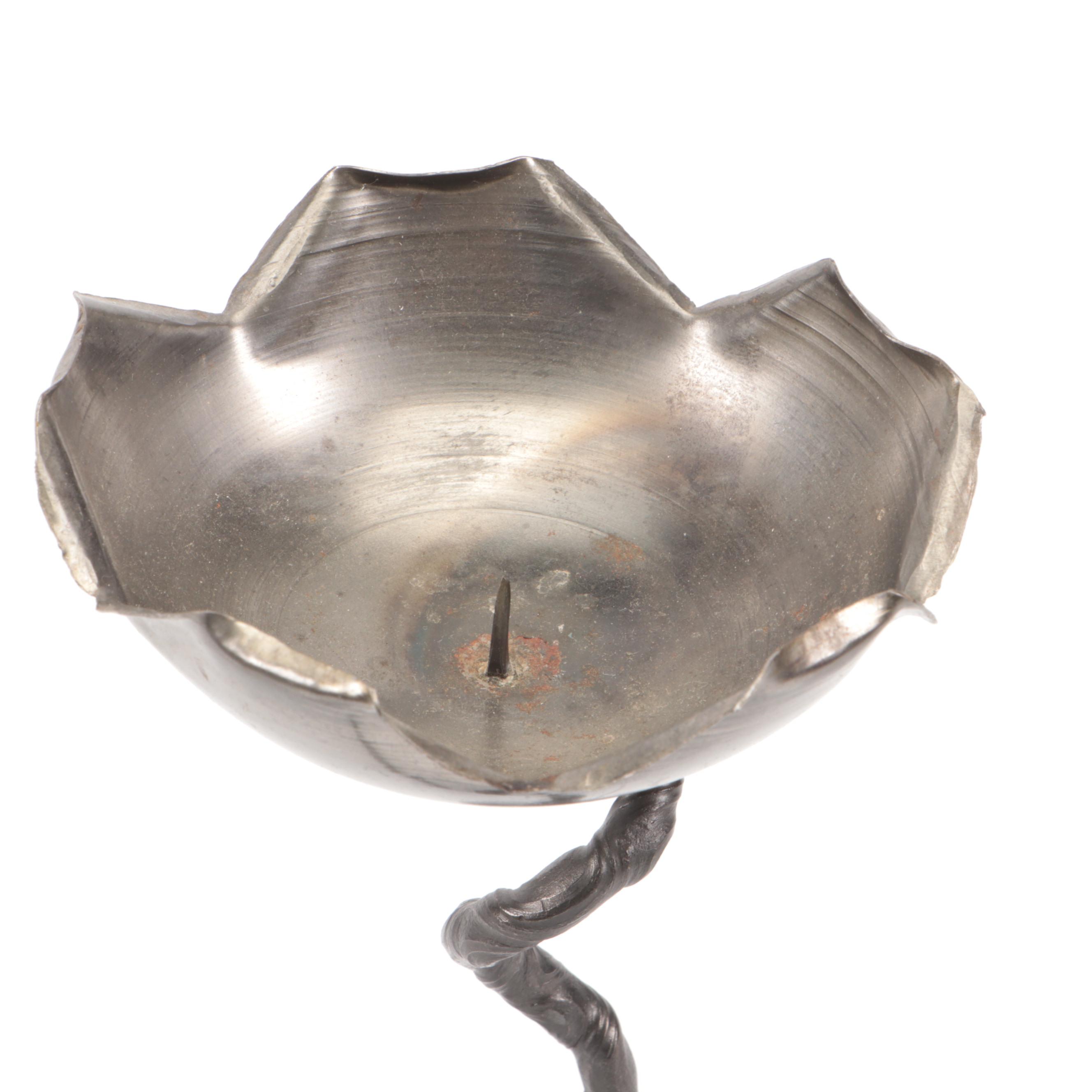 Hand-Crafted Iron Floral Candlestick with Other Steel and Wood Figurine