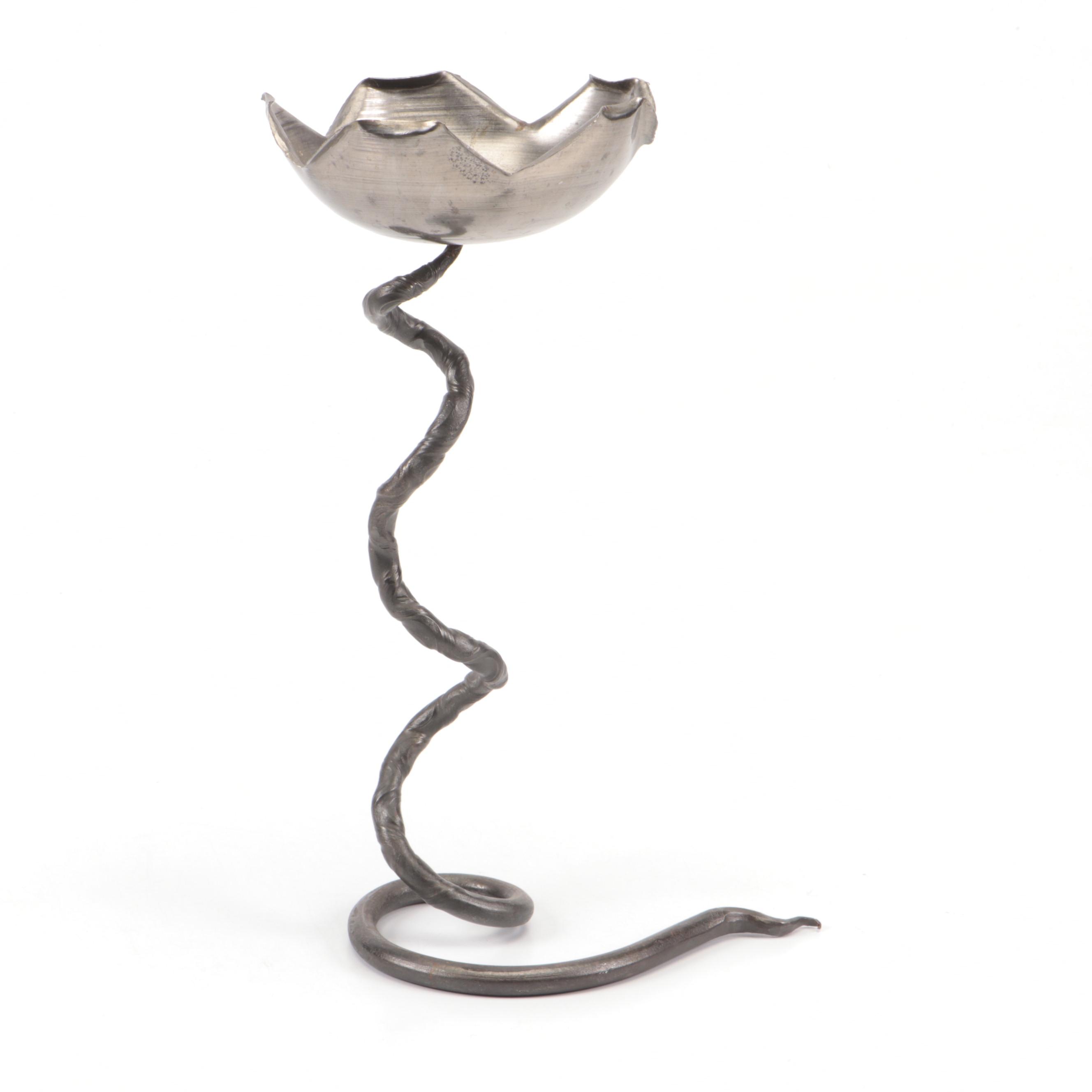 Hand-Crafted Iron Floral Candlestick with Other Steel and Wood Figurine