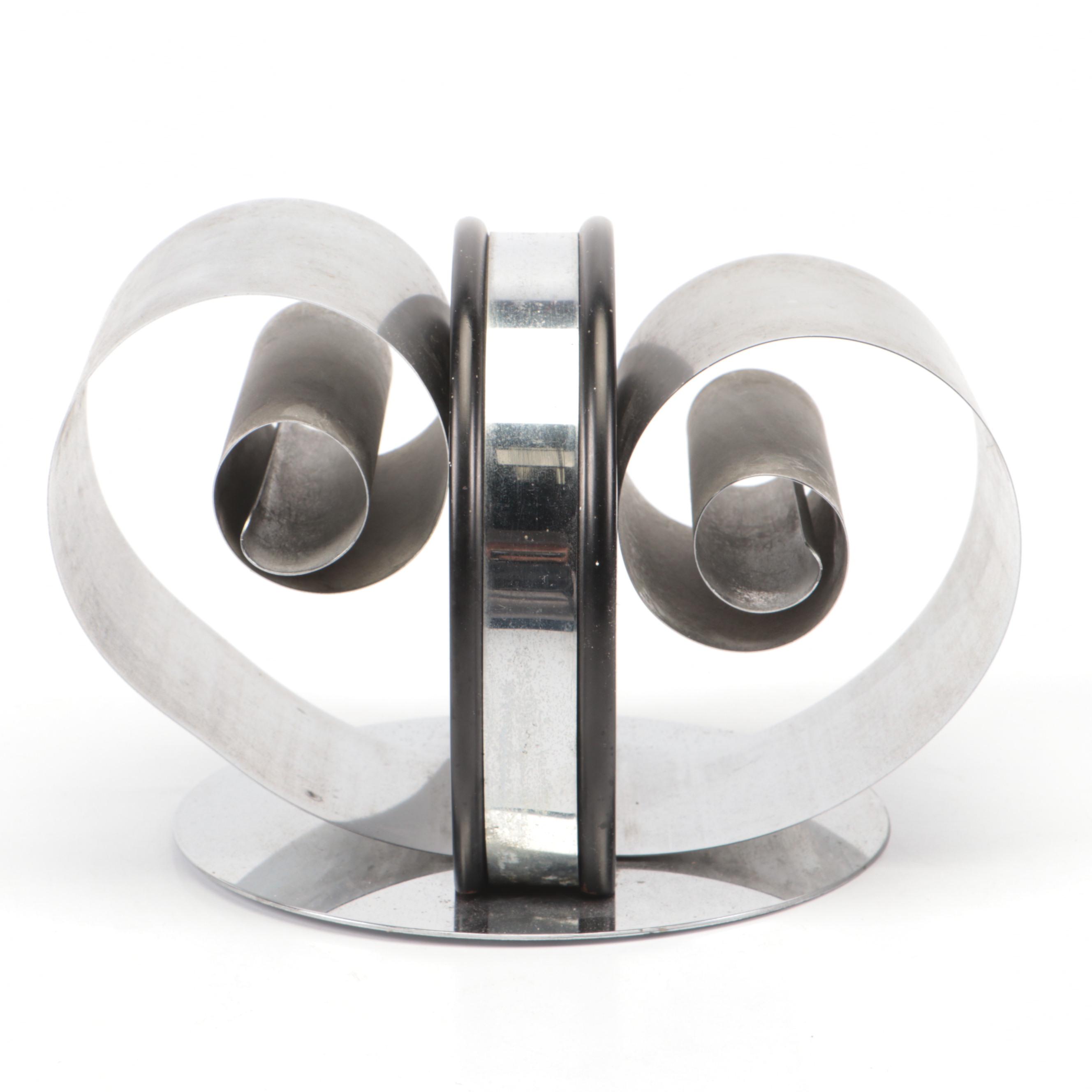 Hand-Crafted Iron Floral Candlestick with Other Steel and Wood Figurine