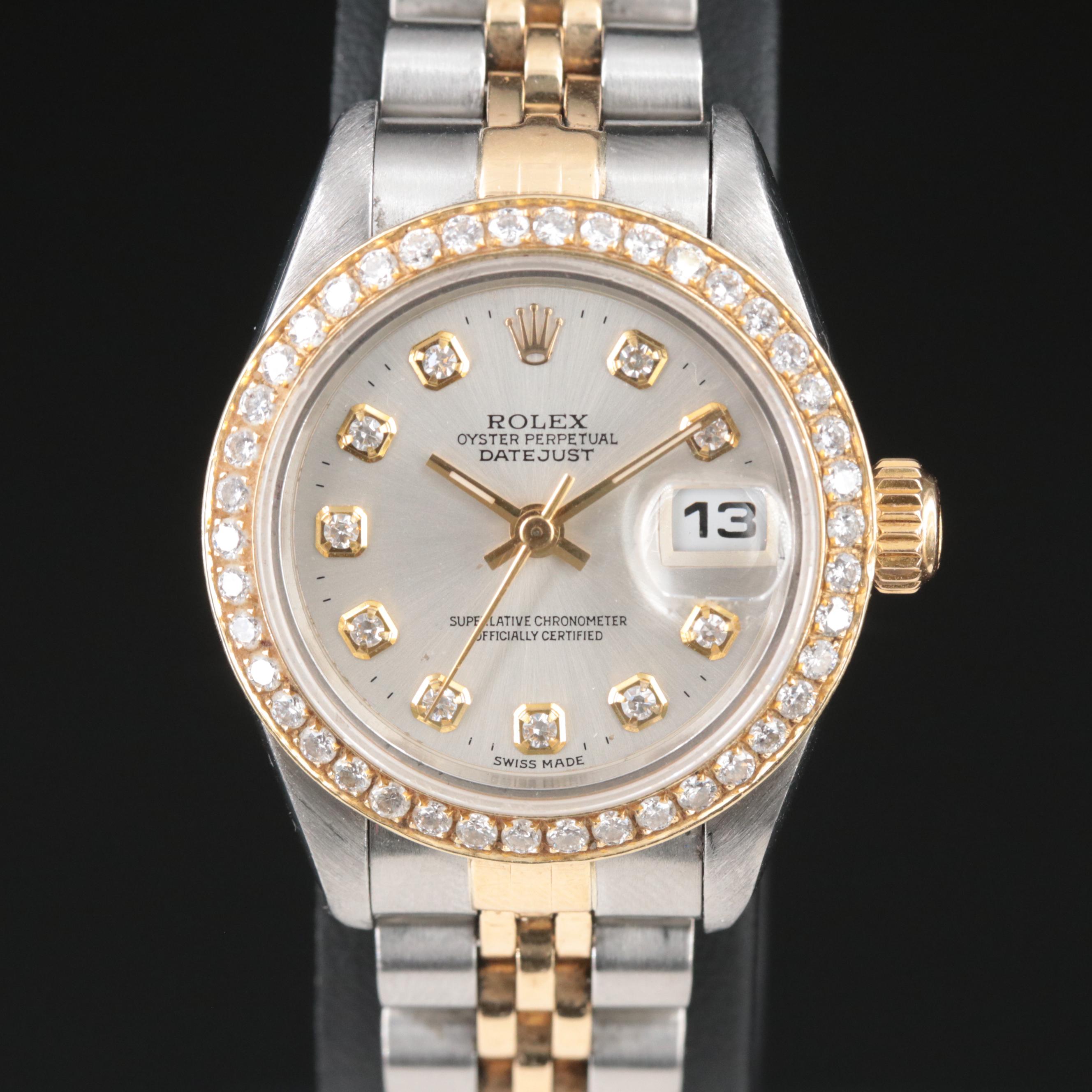 Rolex Datejust 18K Gold Steel Custom Diamond Bezel and Dial Automatic Watch