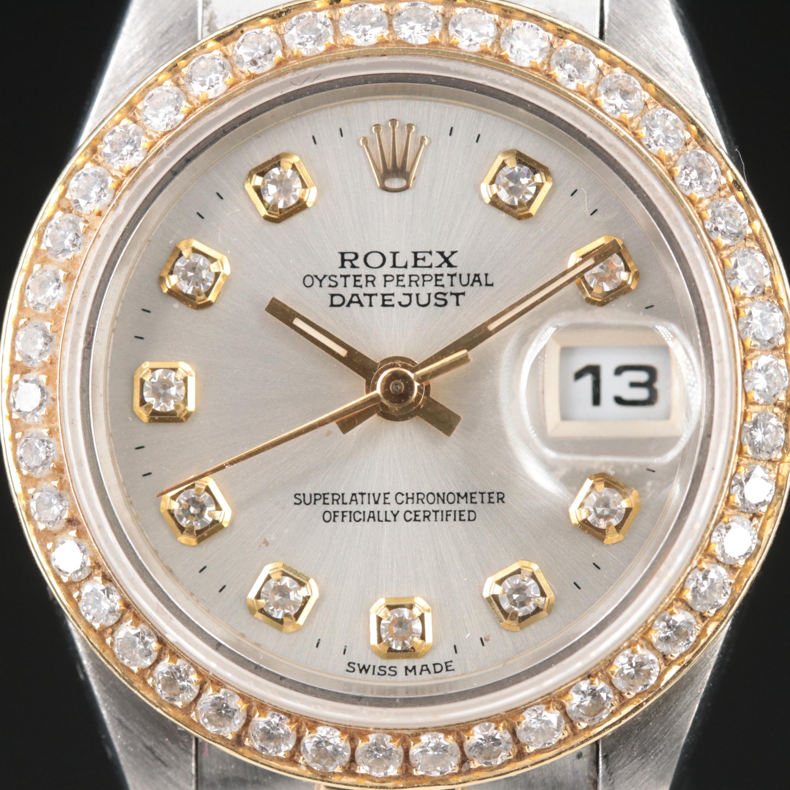 Rolex Datejust 18K Gold Steel Custom Diamond Bezel and Dial Automatic Watch