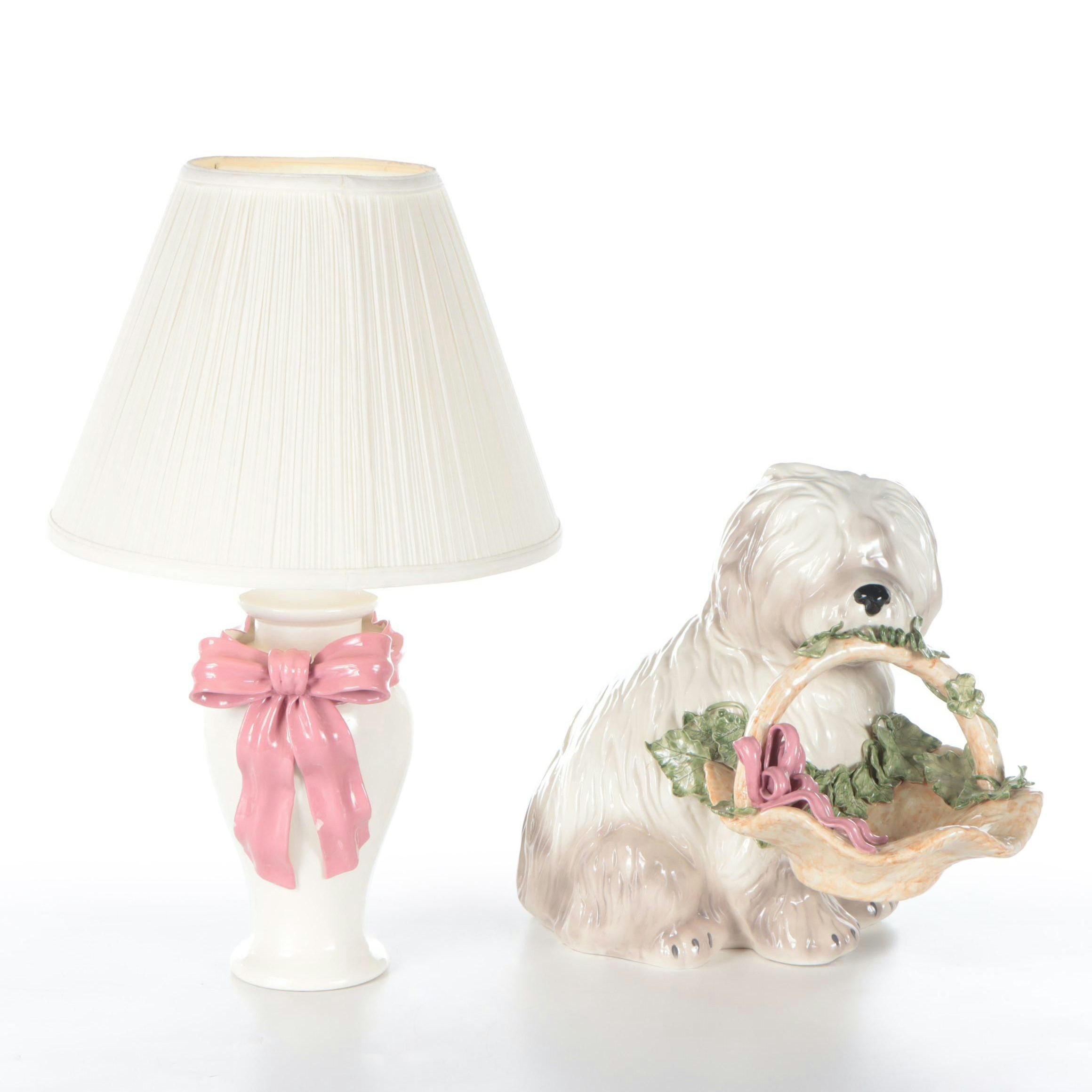 Ribbon Motif Ceramic Table Lamp with Betlar Inc. Ceramic Dog Statue