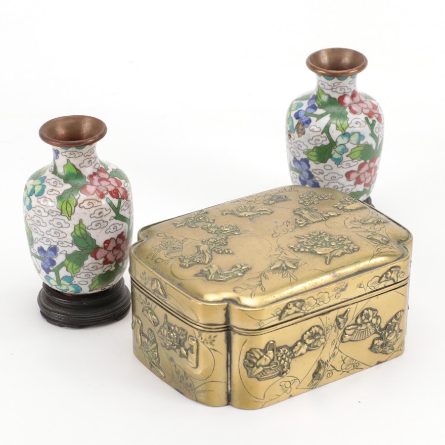 Chinese Cloisonné Enameled Metal Vases With Brass Storage Box