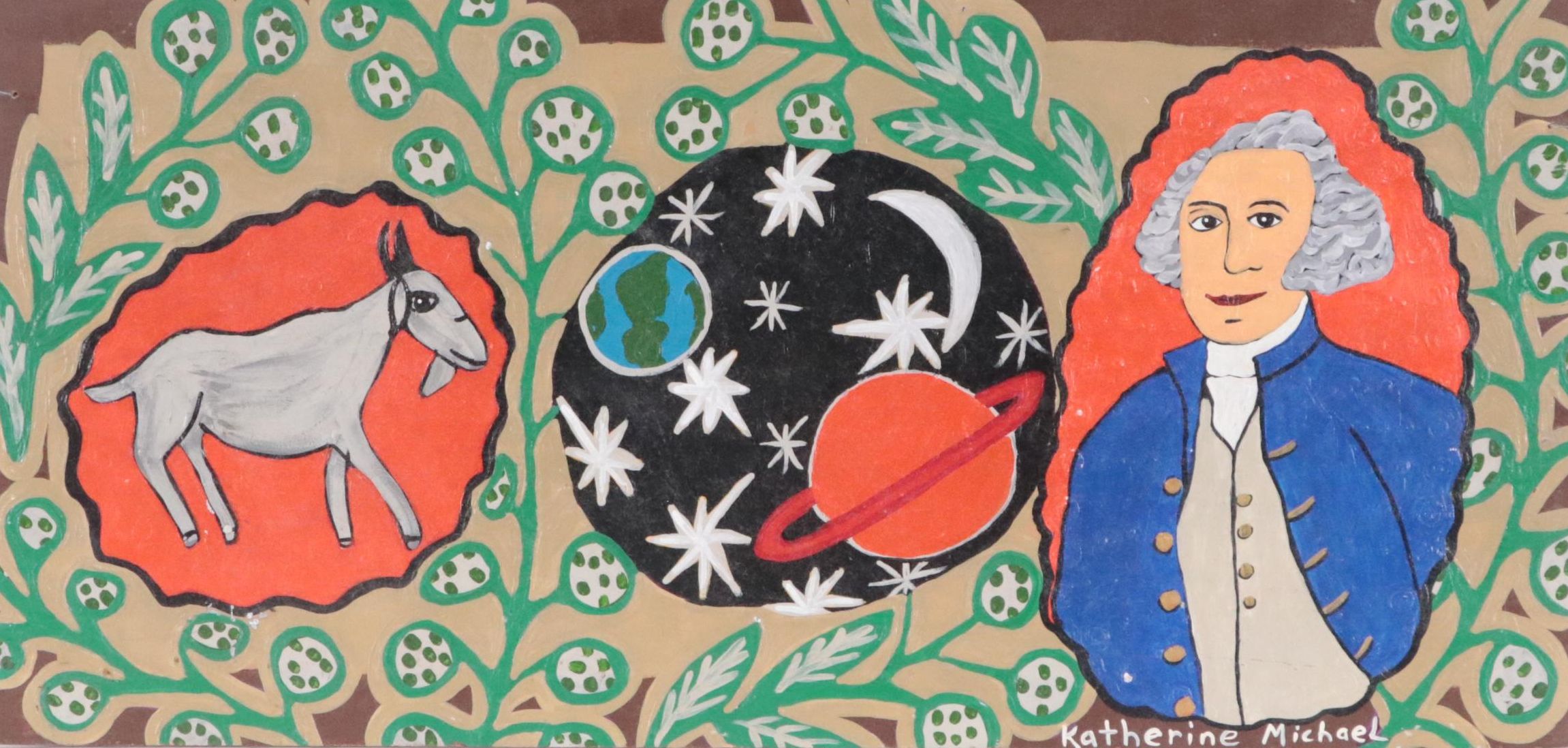 Katherine Michael Folk Art Acrylic Painting "Goat, Space, Mermaid," 2012