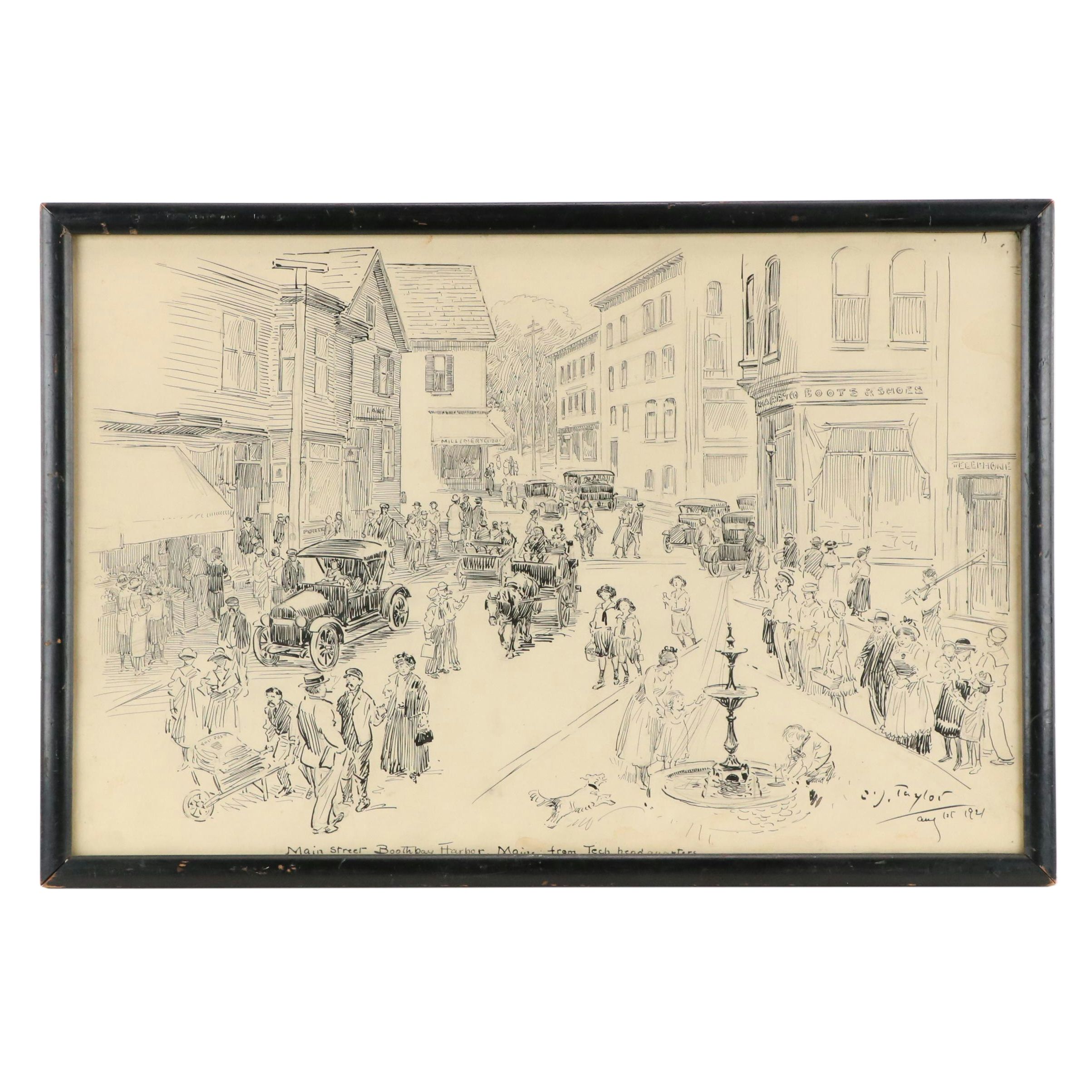 Ink Drawing of Boothbay Harbor City Street Scene, 1921