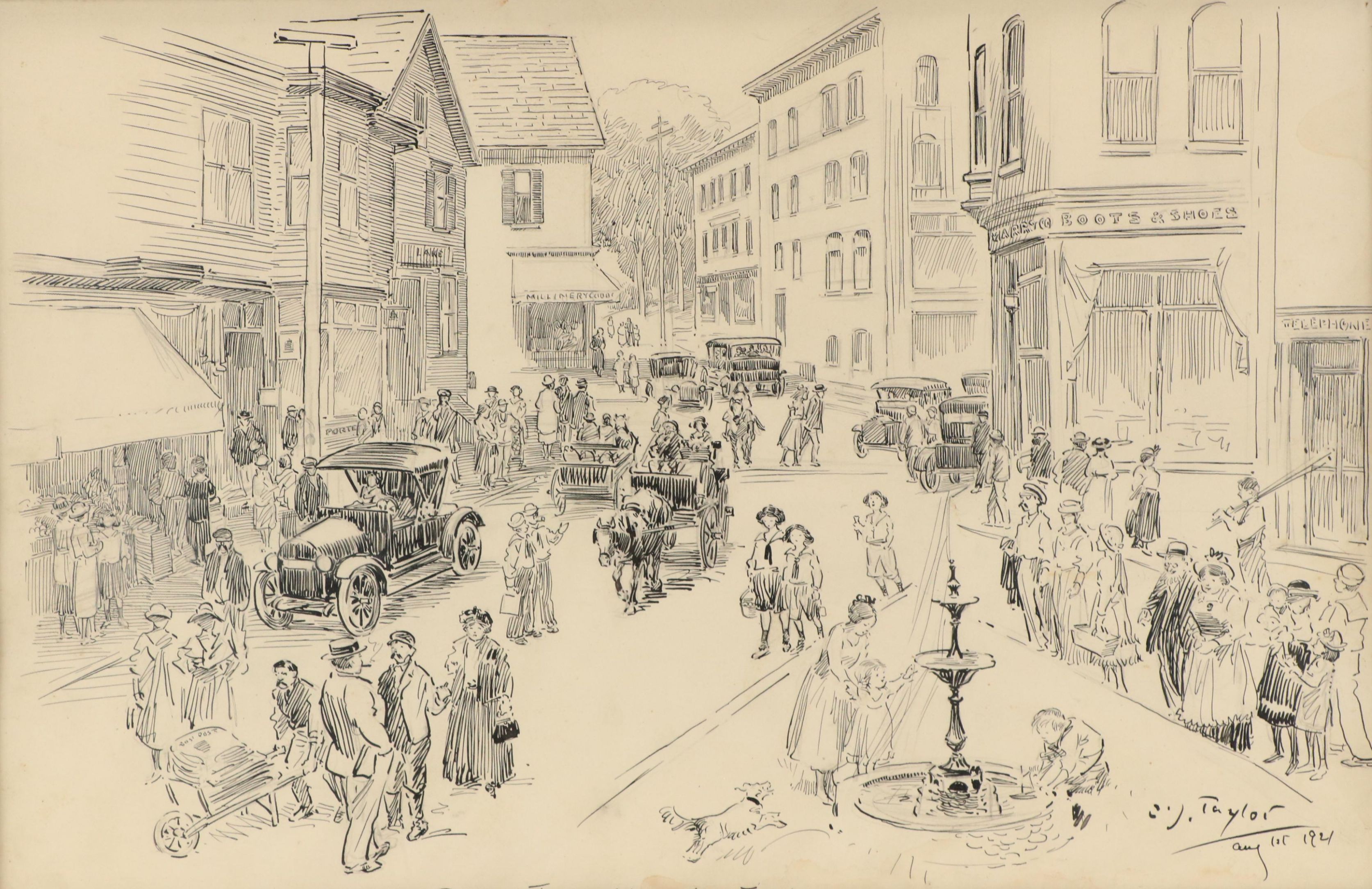 Ink Drawing of Boothbay Harbor City Street Scene, 1921