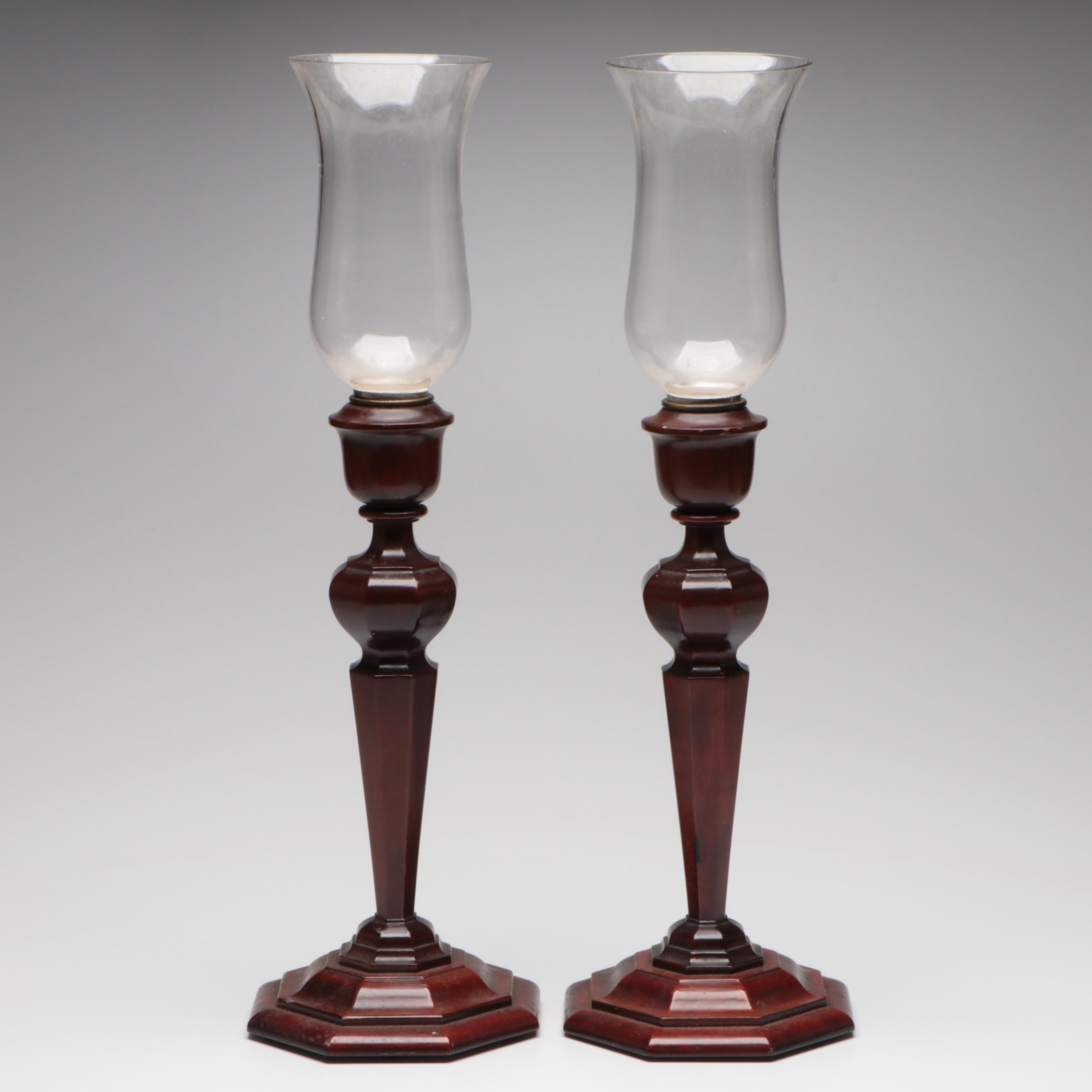 H. & S. Pogue Co. Wooden Candlesticks With Glass Hurricanes