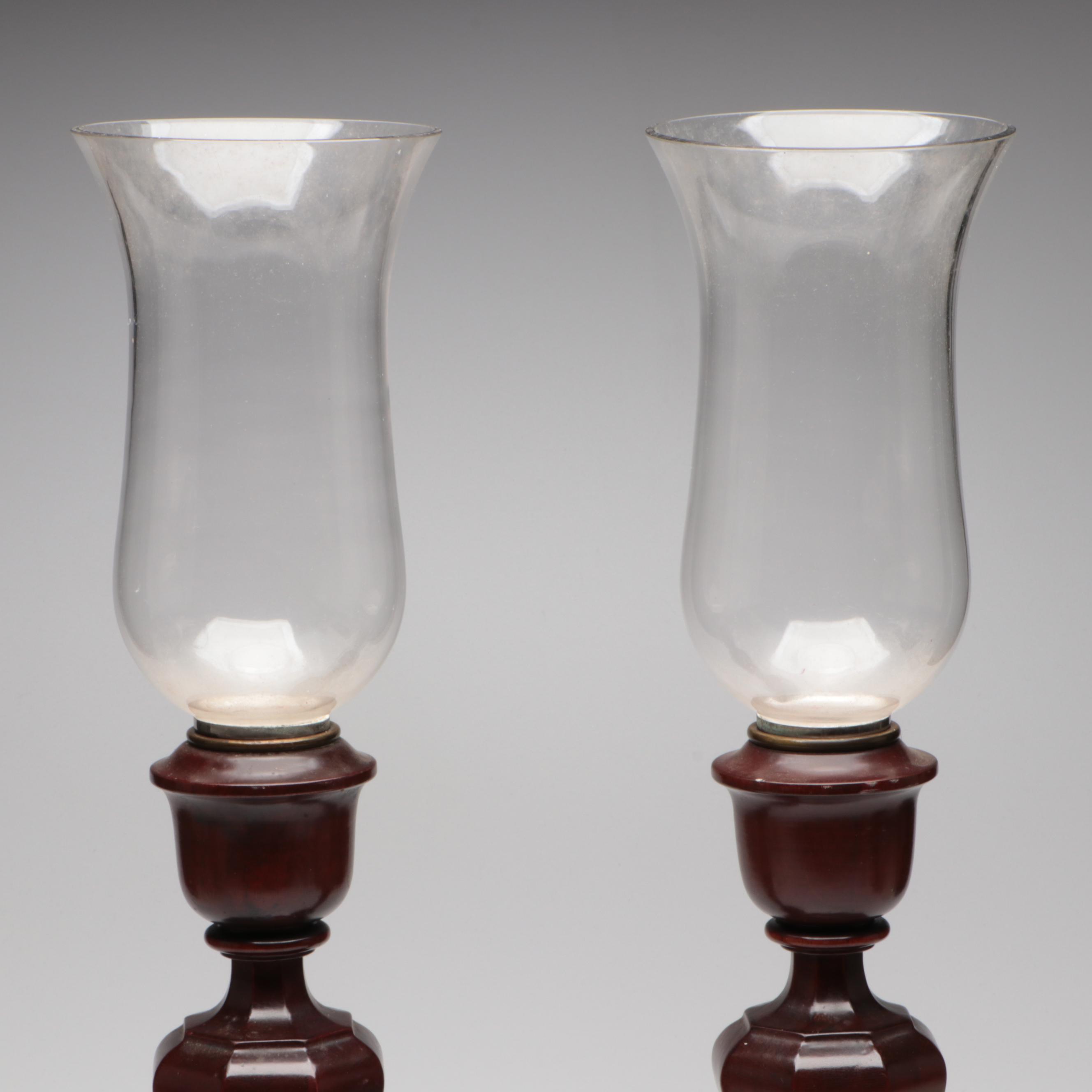 H. & S. Pogue Co. Wooden Candlesticks With Glass Hurricanes