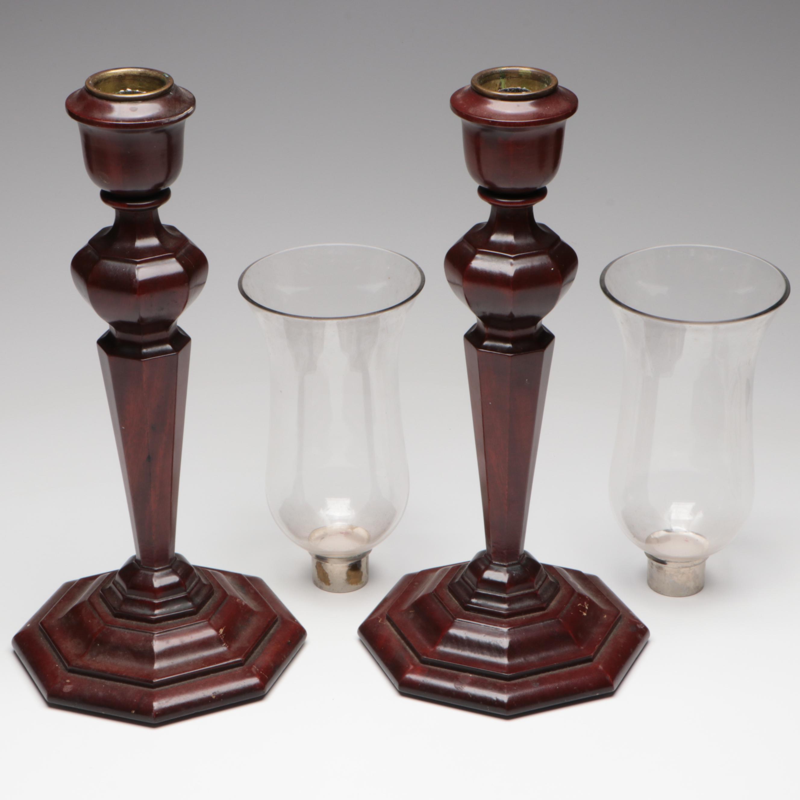 H. & S. Pogue Co. Wooden Candlesticks With Glass Hurricanes