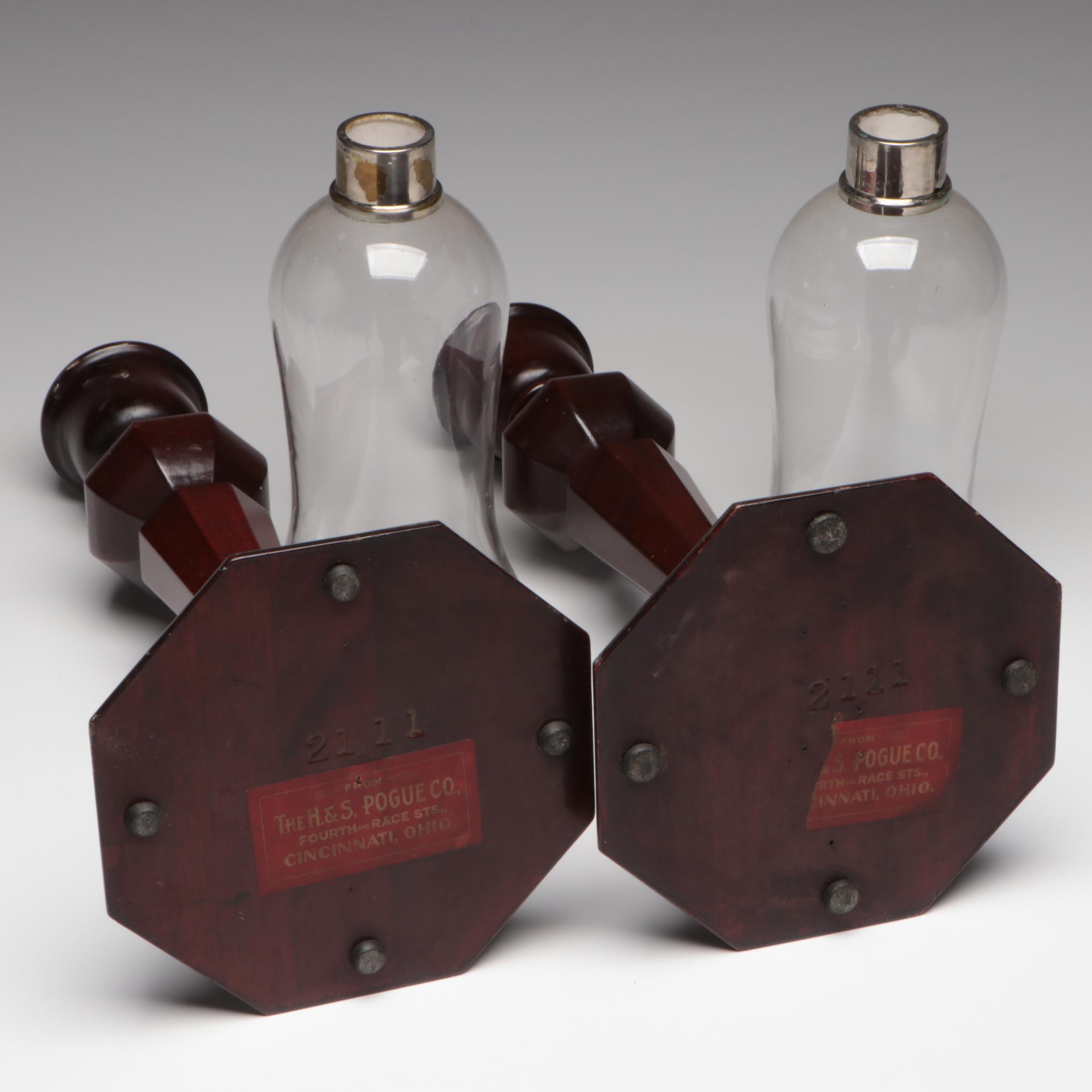 H. & S. Pogue Co. Wooden Candlesticks With Glass Hurricanes