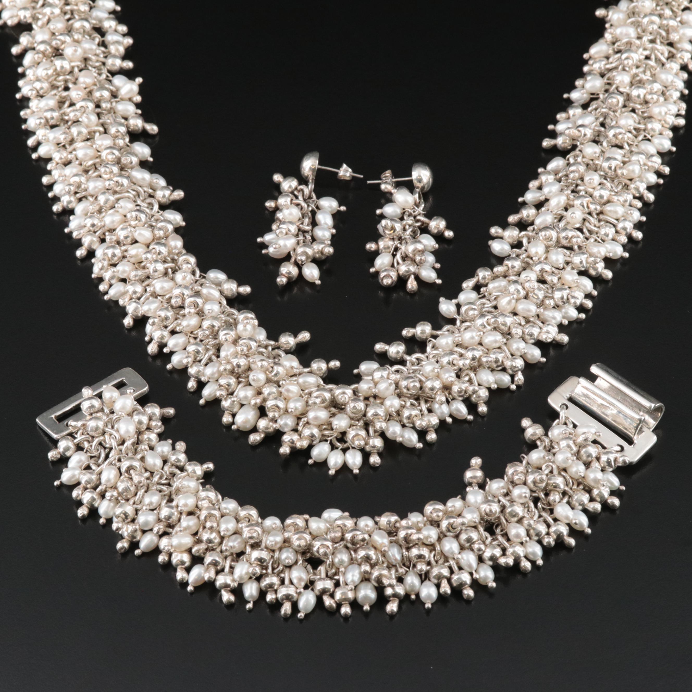 Sterling Pearl Necklace, Bracelet, and Earring Set
