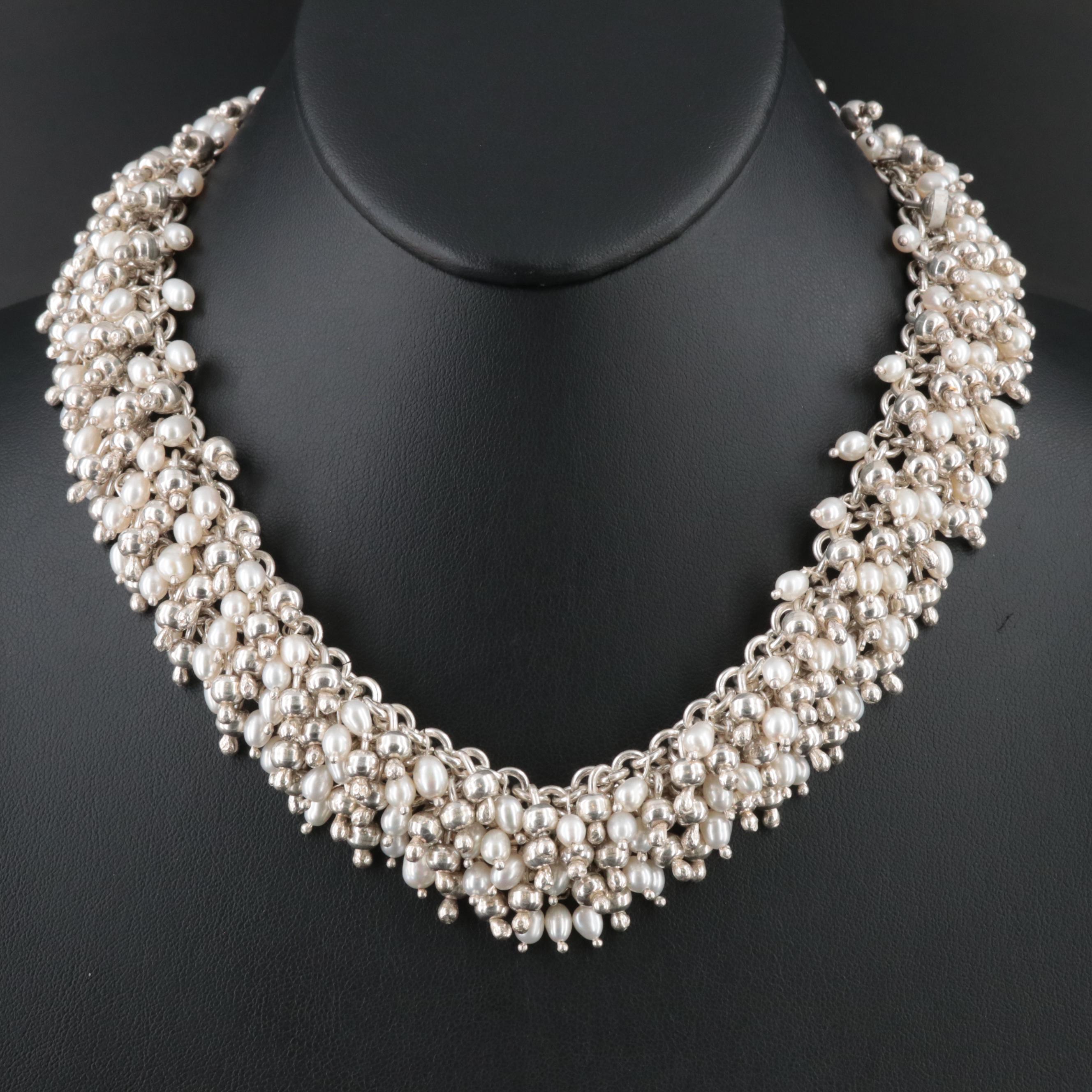 Sterling Pearl Necklace, Bracelet, and Earring Set