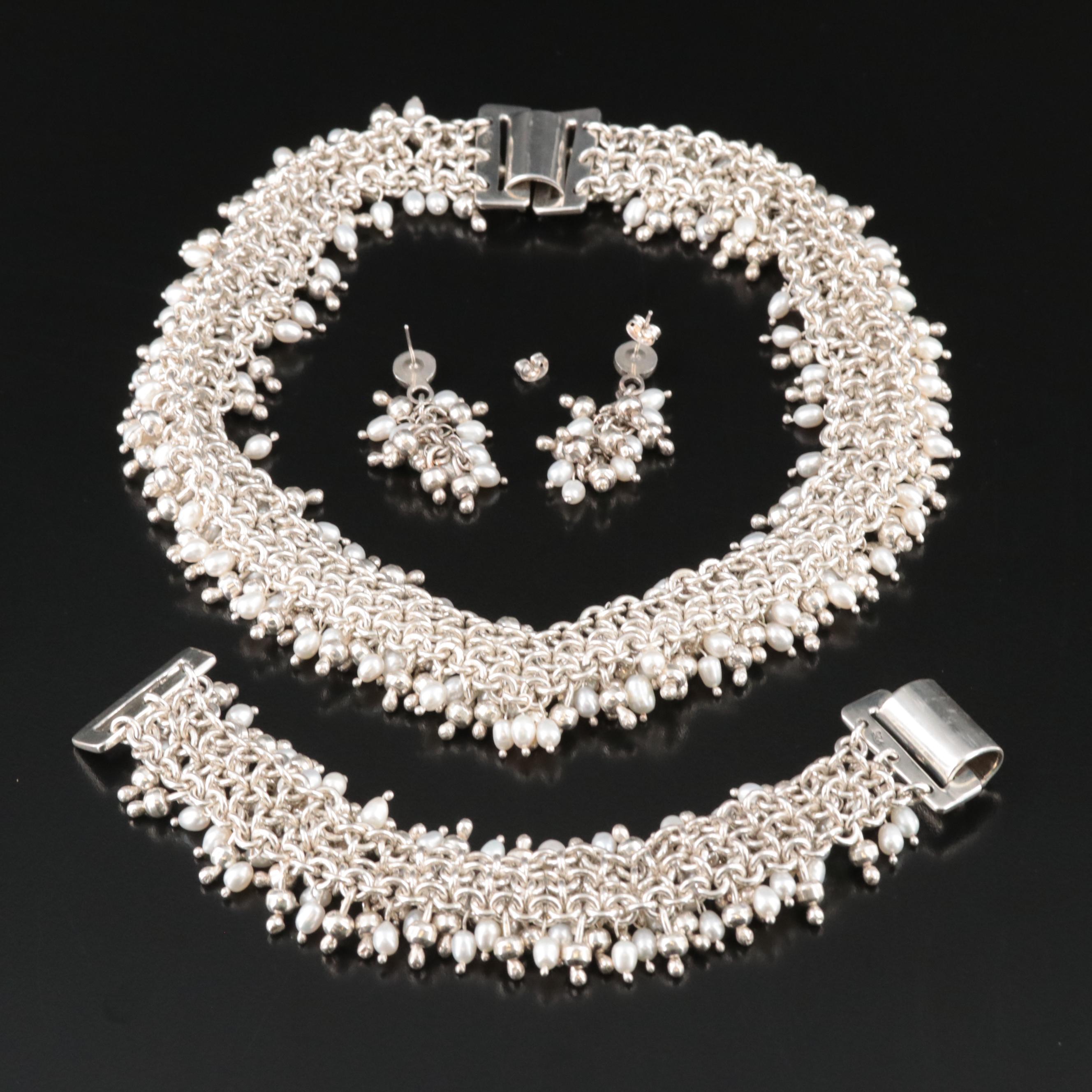 Sterling Pearl Necklace, Bracelet, and Earring Set