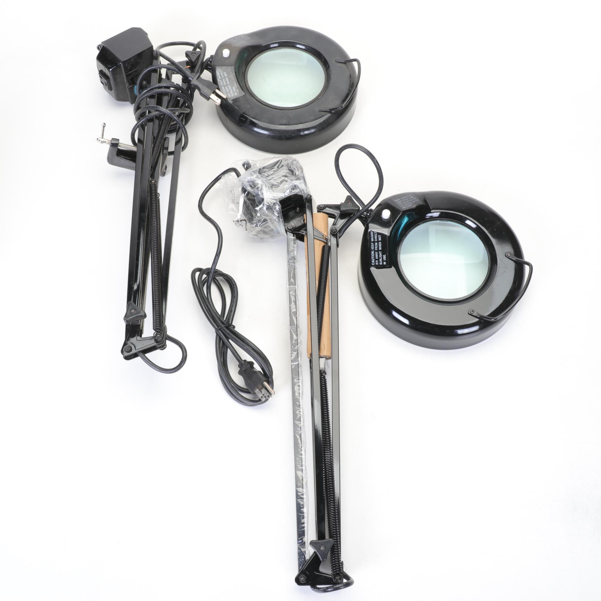 Two Black Articulated Desk Hobby Lamps with Magnification Lenses