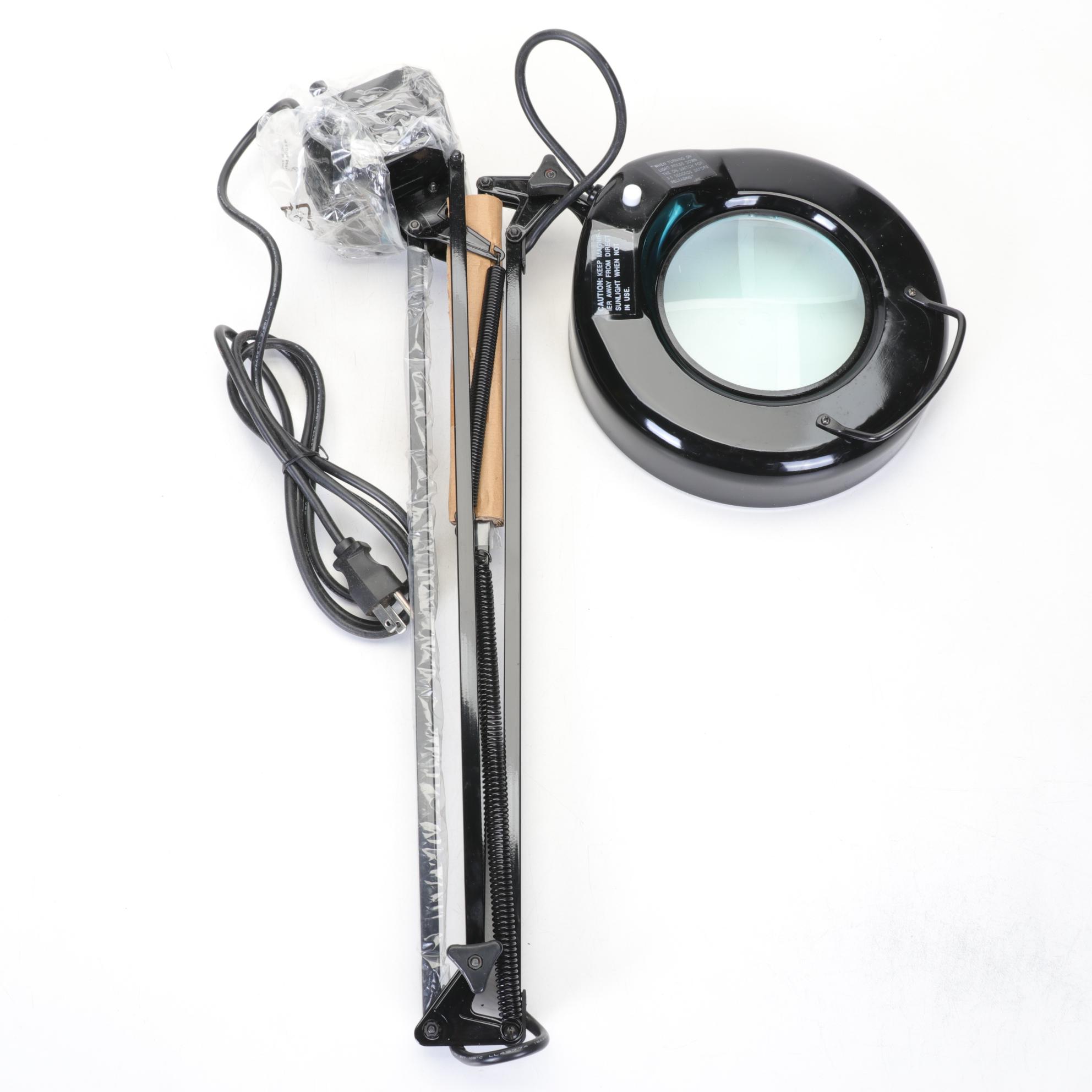 Two Black Articulated Desk Hobby Lamps with Magnification Lenses