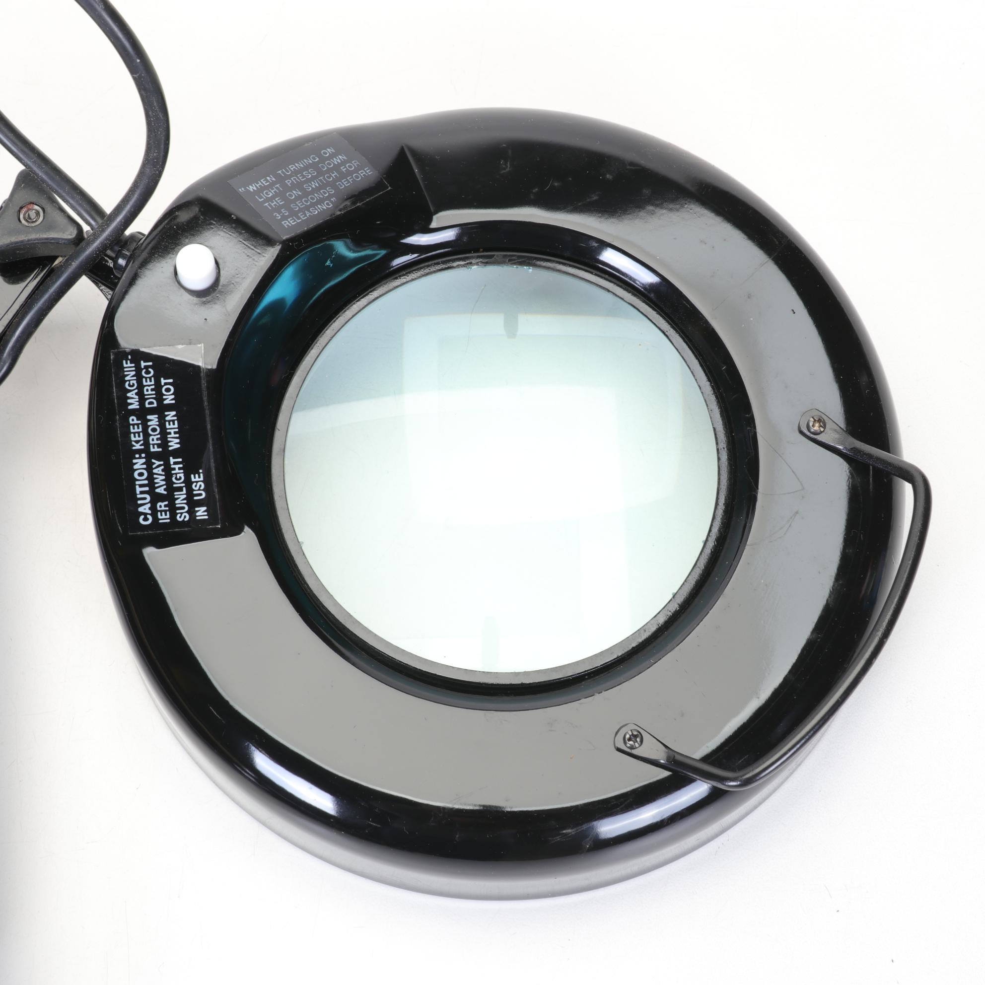 Two Black Articulated Desk Hobby Lamps with Magnification Lenses