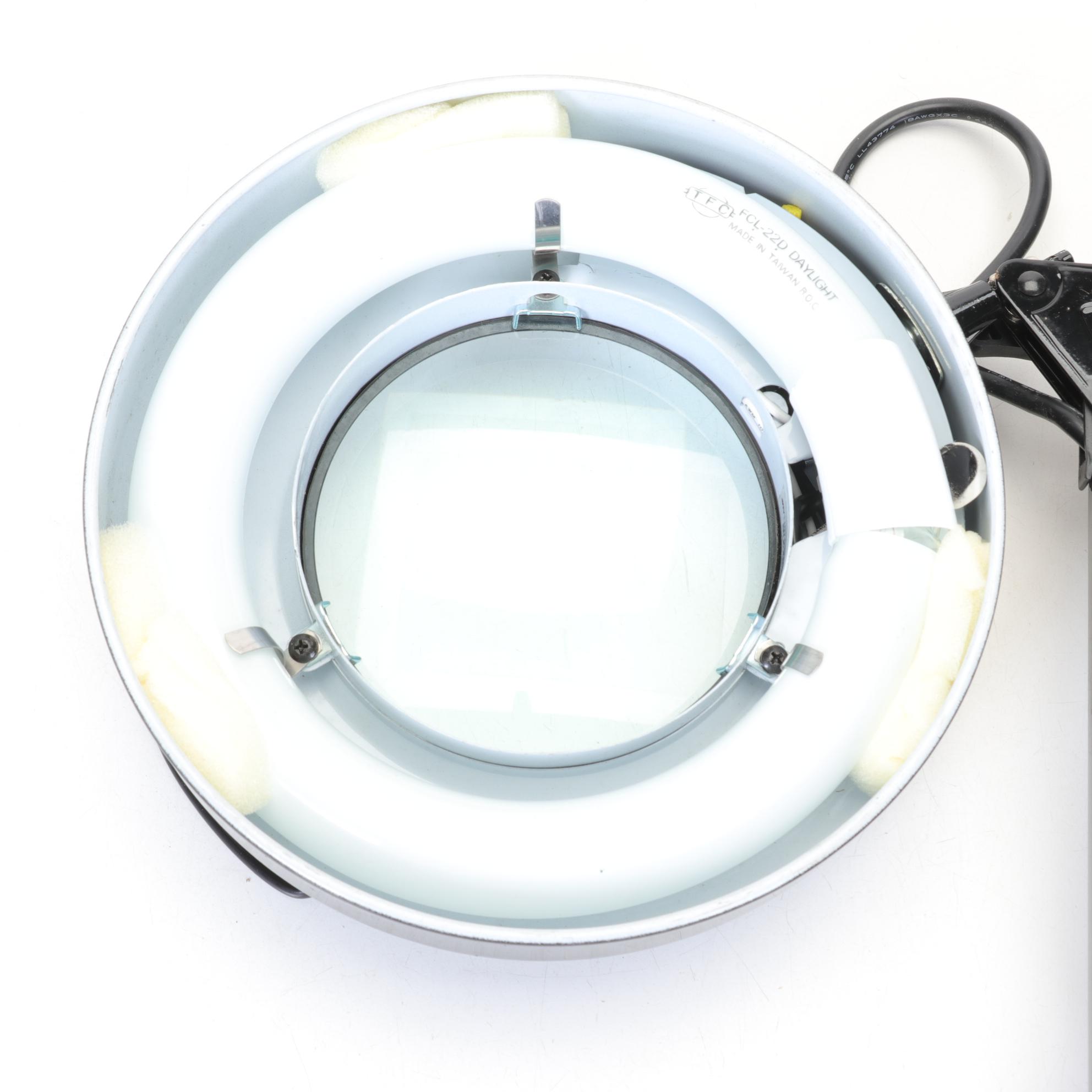 Two Black Articulated Desk Hobby Lamps with Magnification Lenses