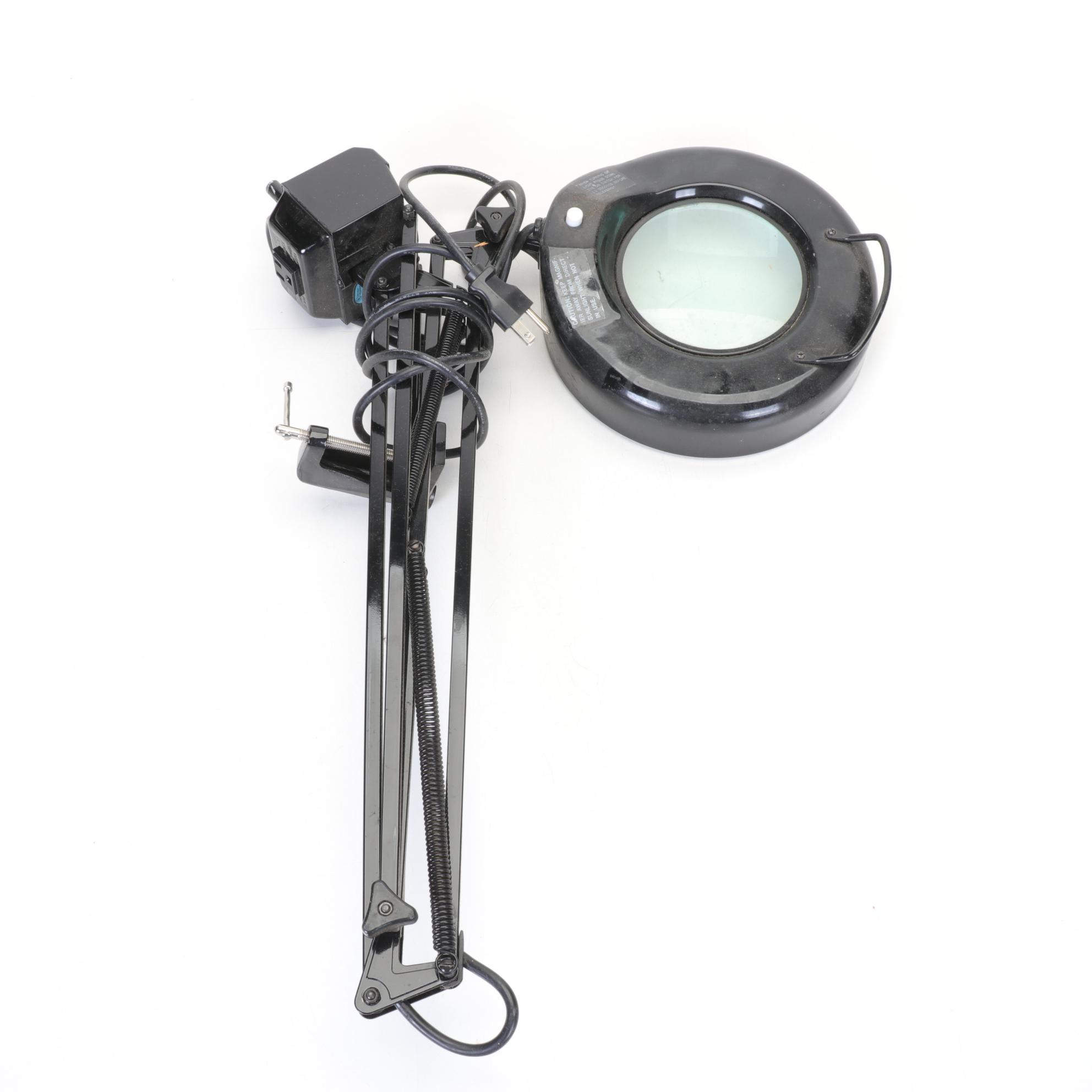 Two Black Articulated Desk Hobby Lamps with Magnification Lenses