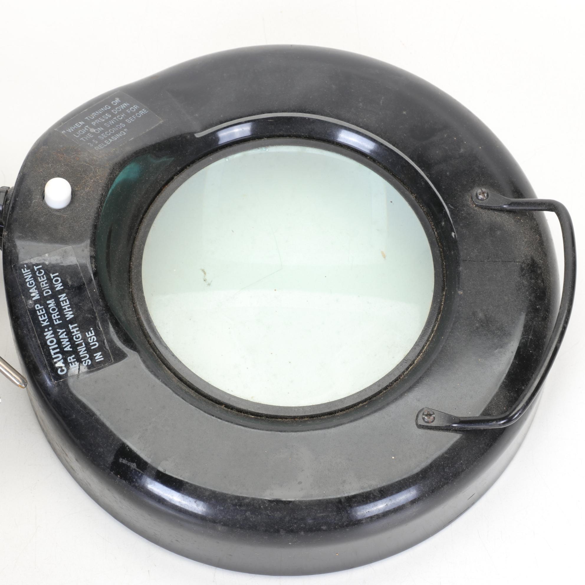 Two Black Articulated Desk Hobby Lamps with Magnification Lenses