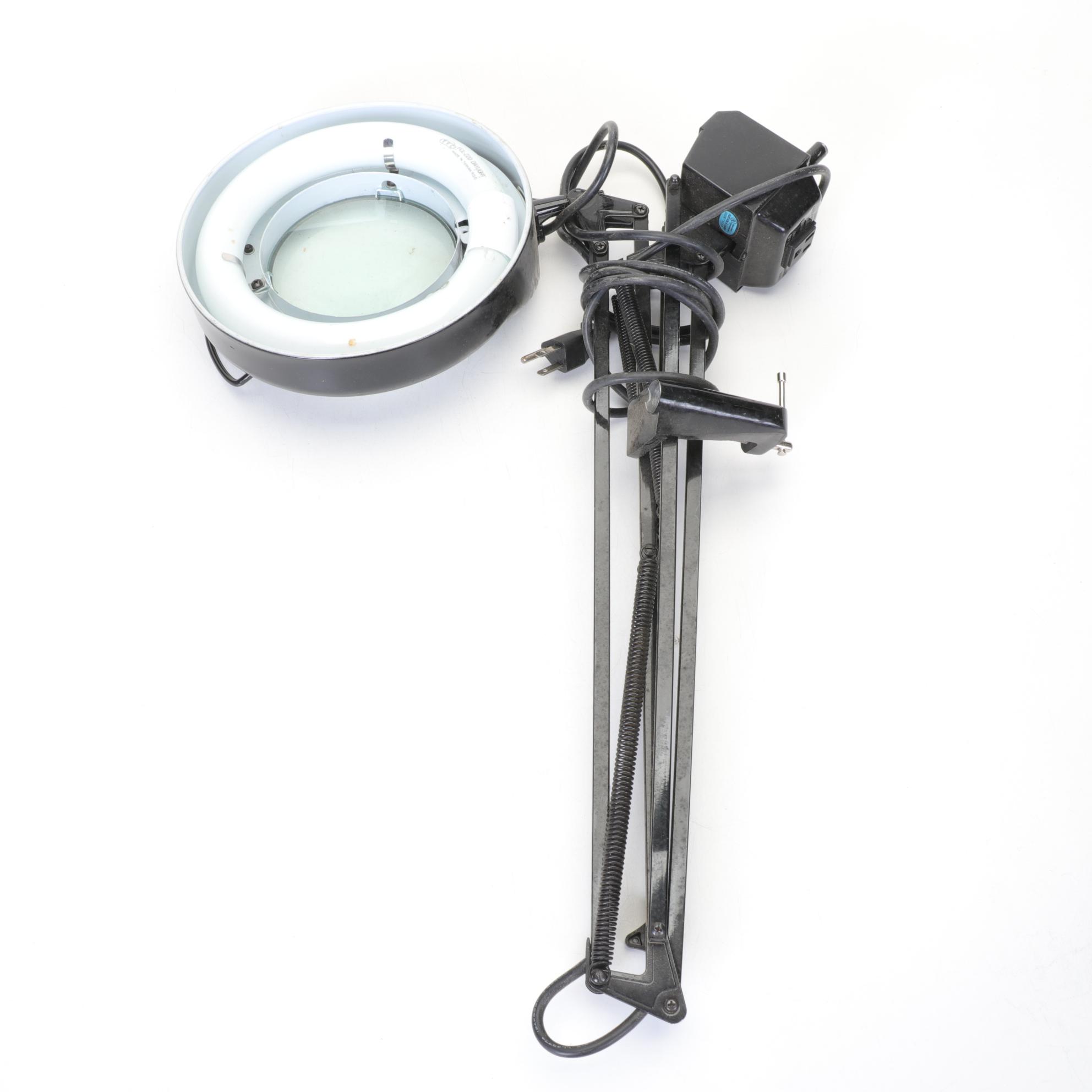 Two Black Articulated Desk Hobby Lamps with Magnification Lenses