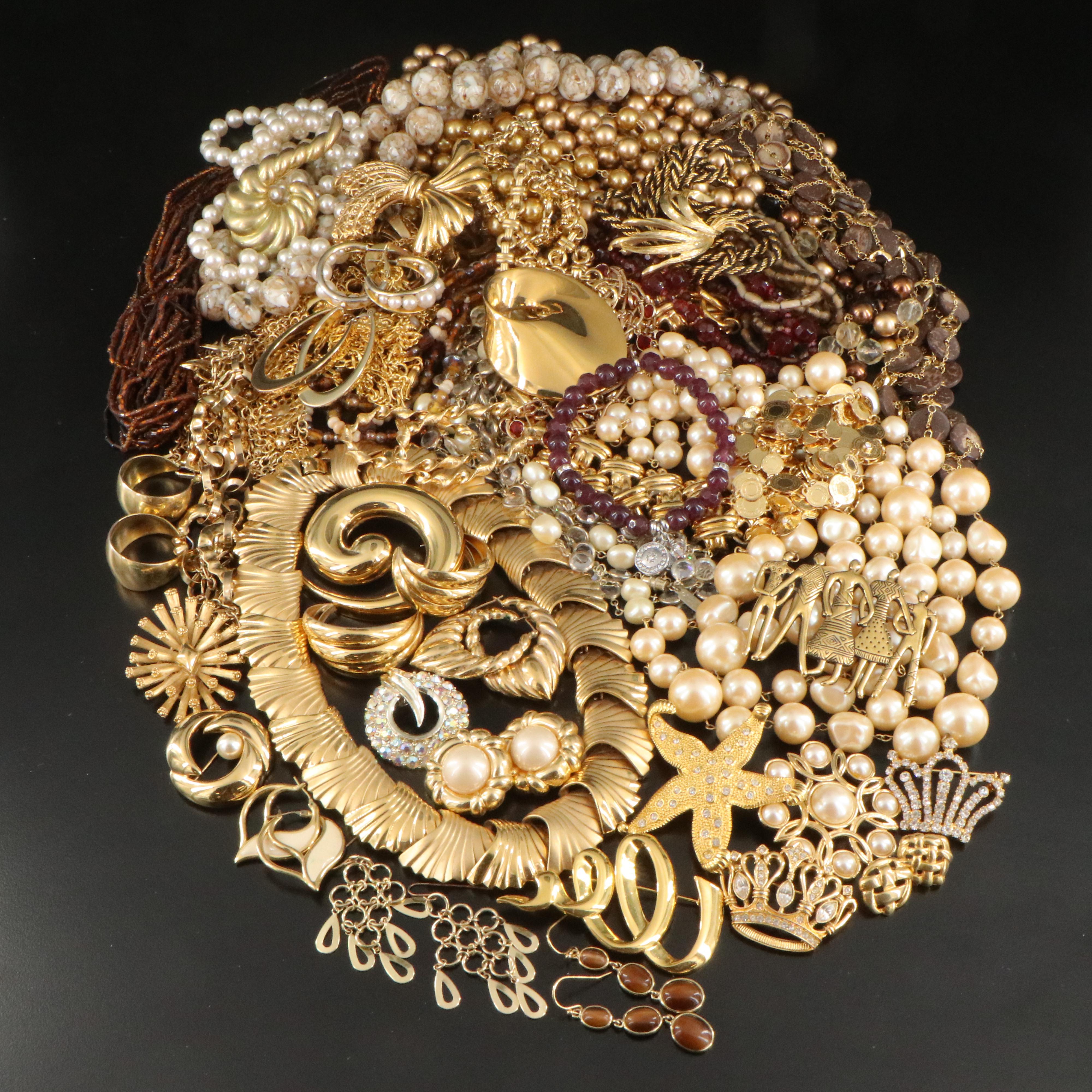 Signed Jewelry Collection with Tiger's Eye, Faux Pearl and Gemstones