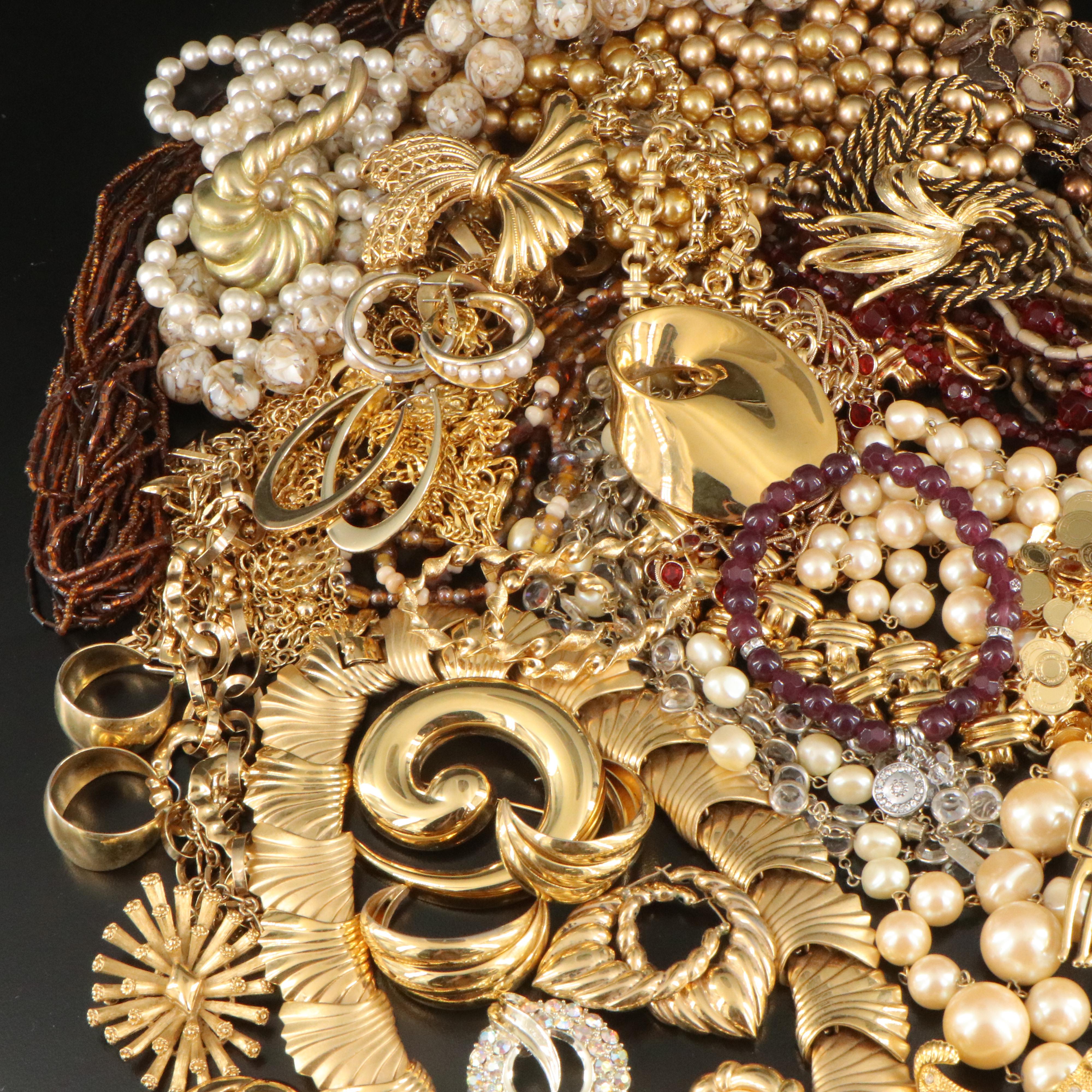 Signed Jewelry Collection with Tiger's Eye, Faux Pearl and Gemstones