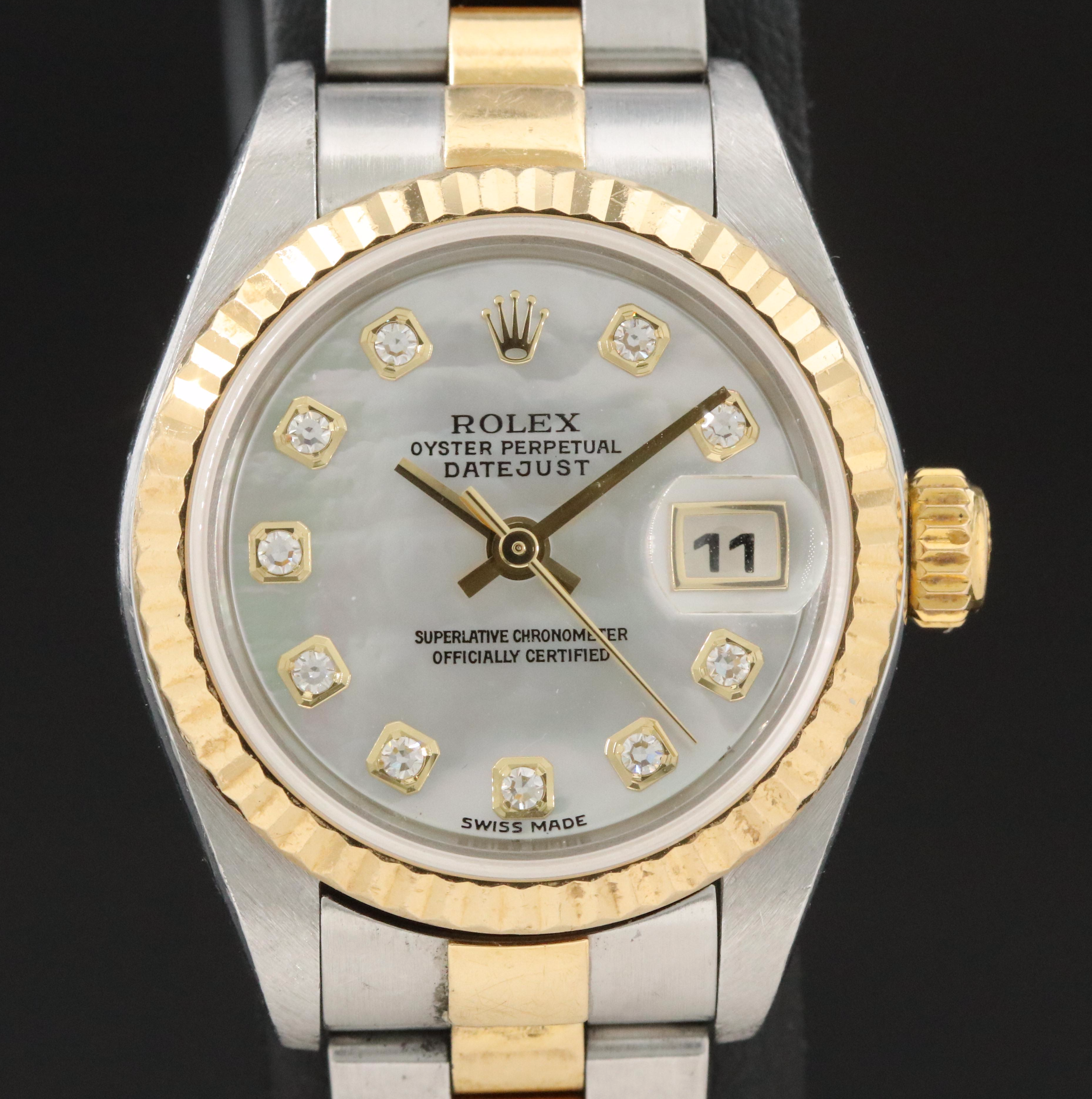 2002 Rolex White Mother-of-Pearl Factory Diamond Dial Datejust Watch