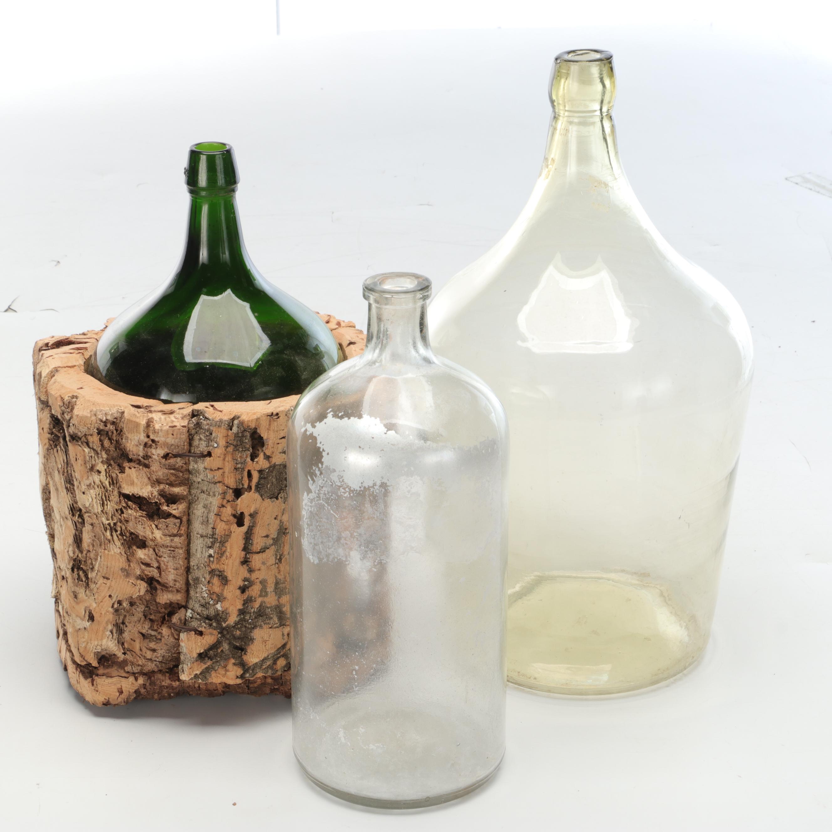 Glass Demijohns, Apothecary Bottle and Hand-Carved Cork Bucket