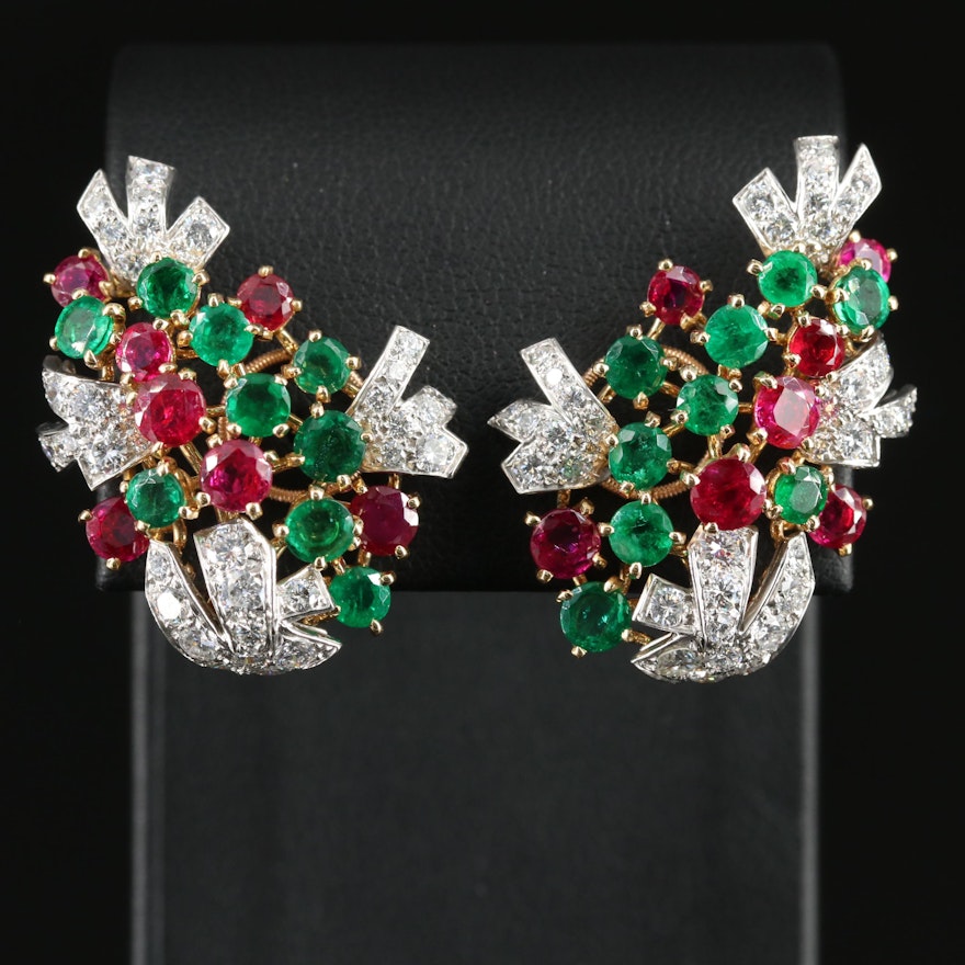 Cartier Paris 18K and Platinum Ruby, Emerald, and 1.90 CTW Diamond Earrings