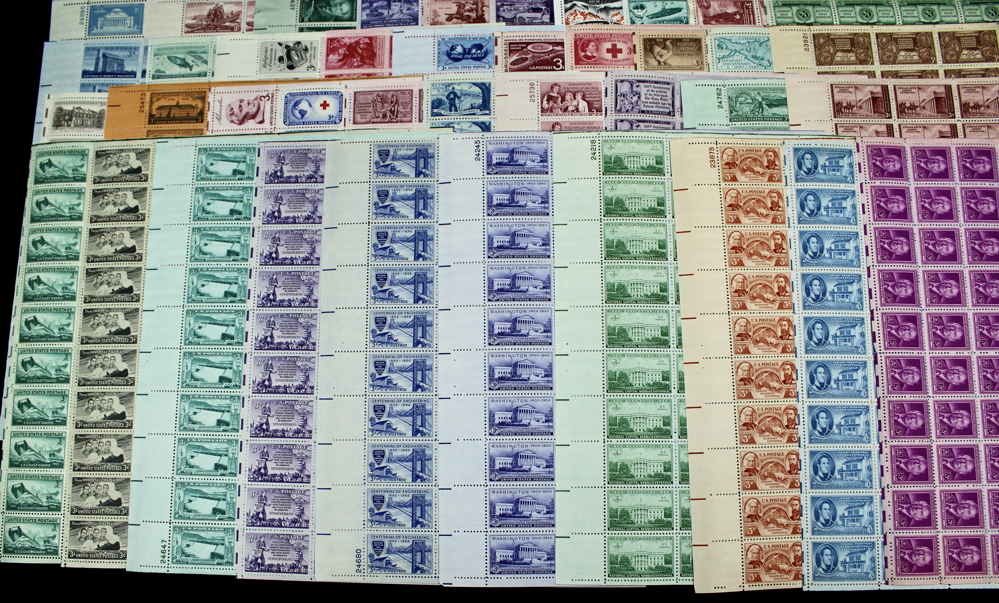 Seventy-Eight Different 3-Cent U.S. Postage Stamp Sheets, 1940s to 1950s